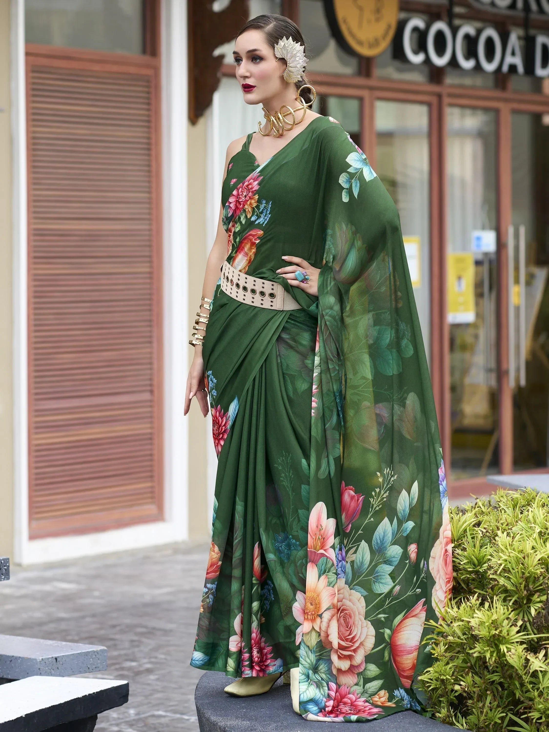 Winsome Green Floral Printed Georgette Mehendi Wear Saree With Blouse