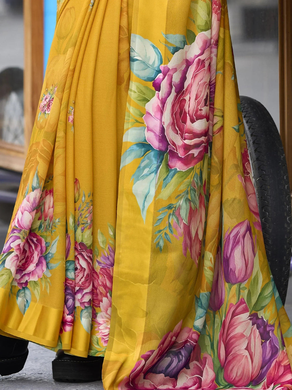 Winning Mustard Floral Printed Georgette Haldi Wear Saree With Blouse