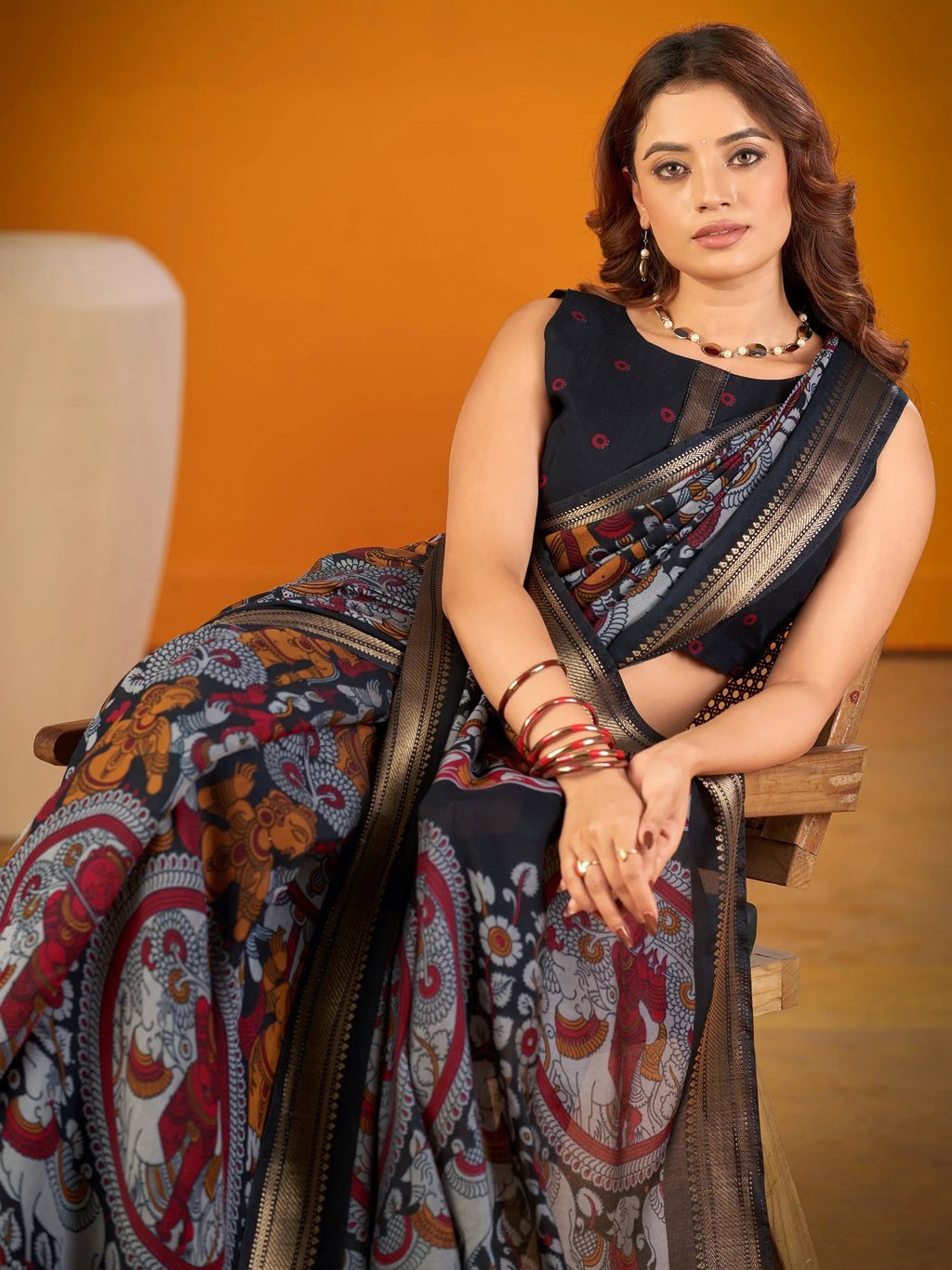 Black Outstanding Kalamkari Print Chanderi Marriage Wear Saree With Blouse