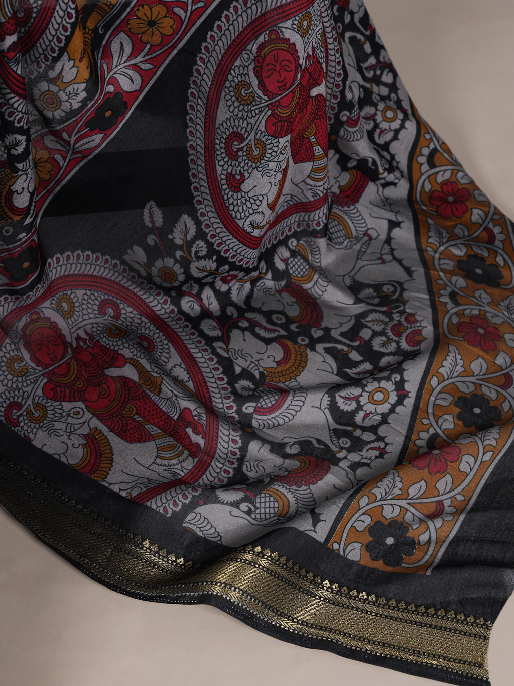 Black Outstanding Kalamkari Print Chanderi Marriage Wear Saree With Blouse