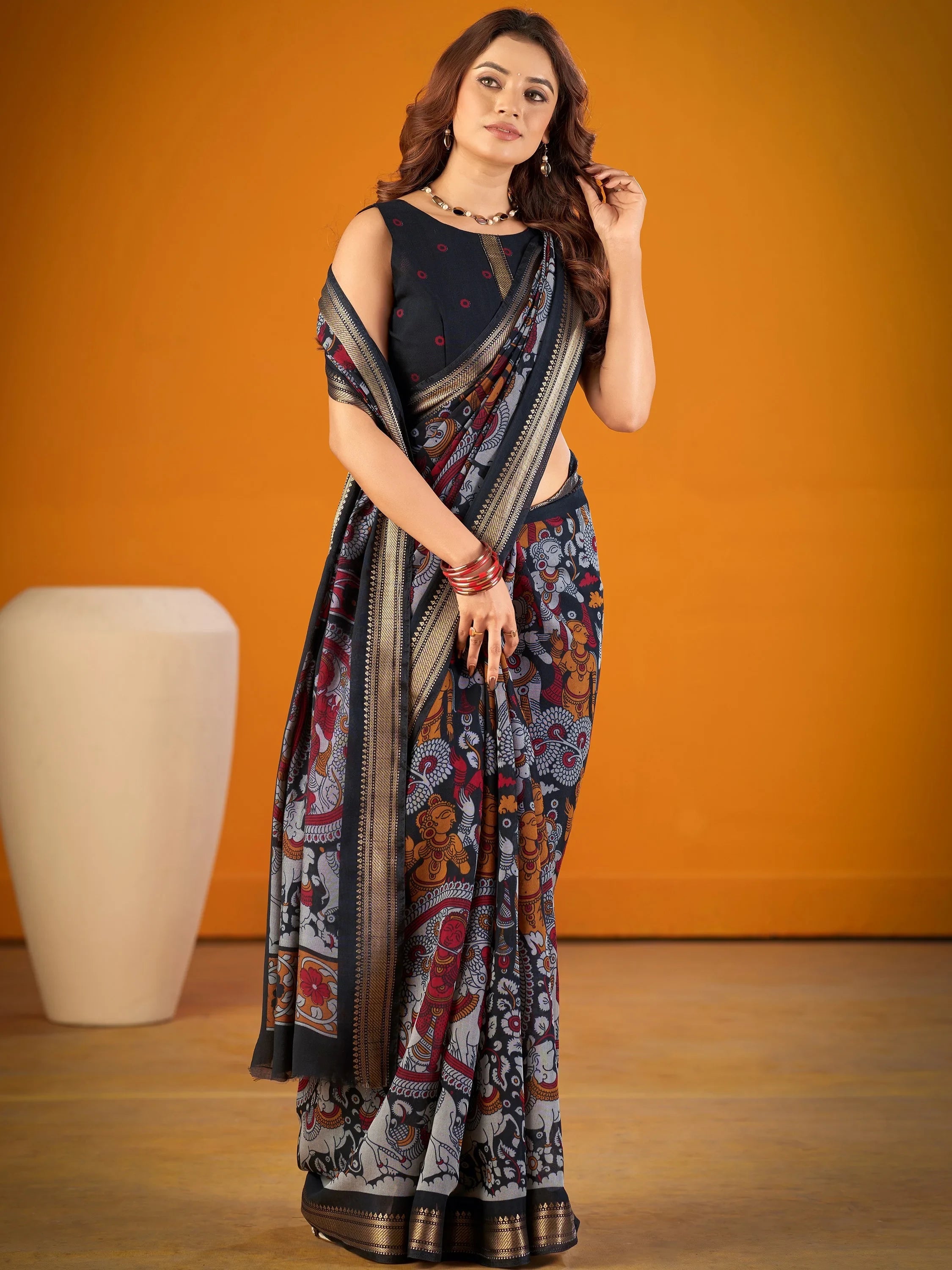 Black Outstanding Kalamkari Print Chanderi Marriage Wear Saree With Blouse