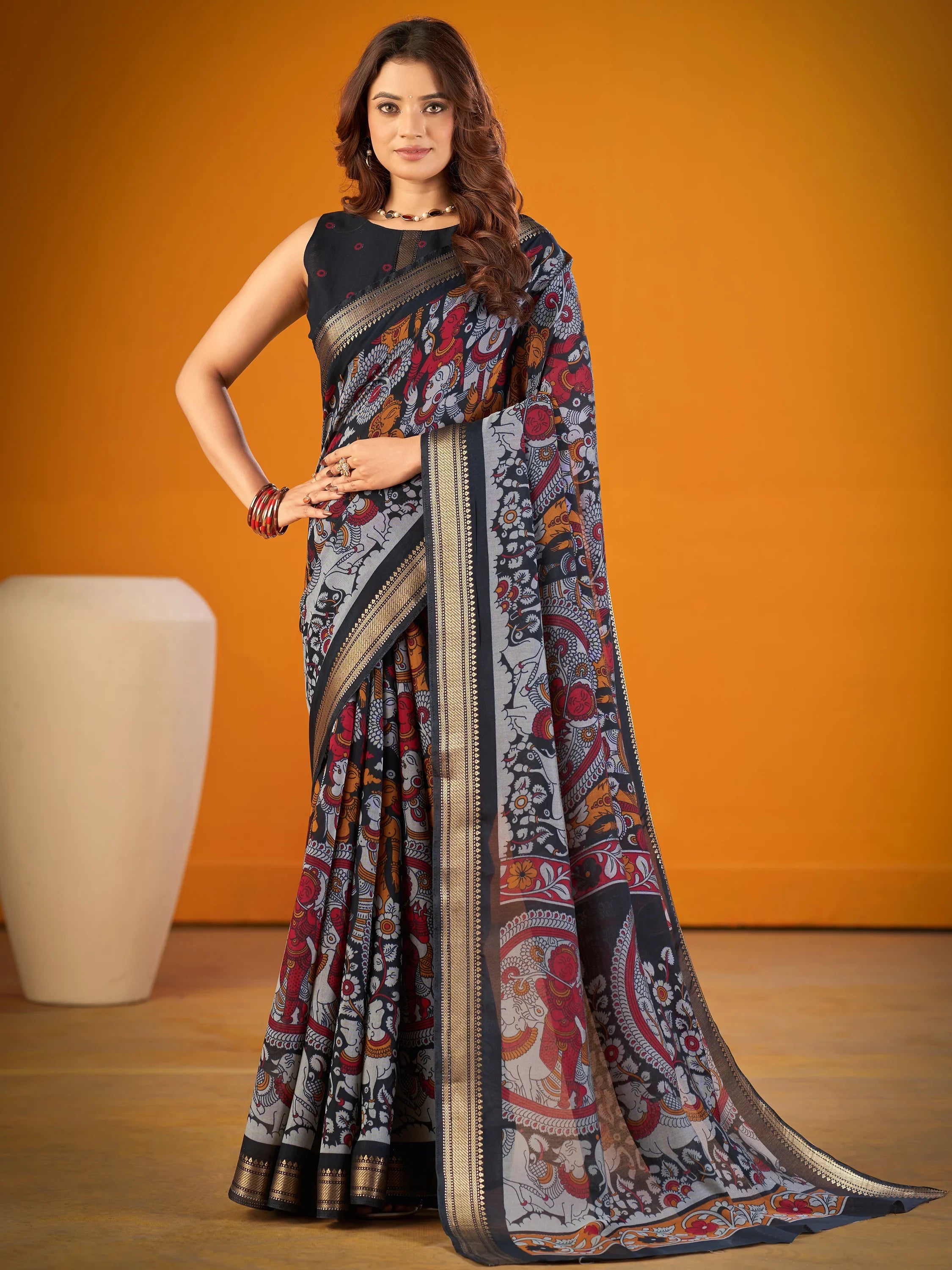 Black Outstanding Kalamkari Print Chanderi Marriage Wear Saree With Blouse