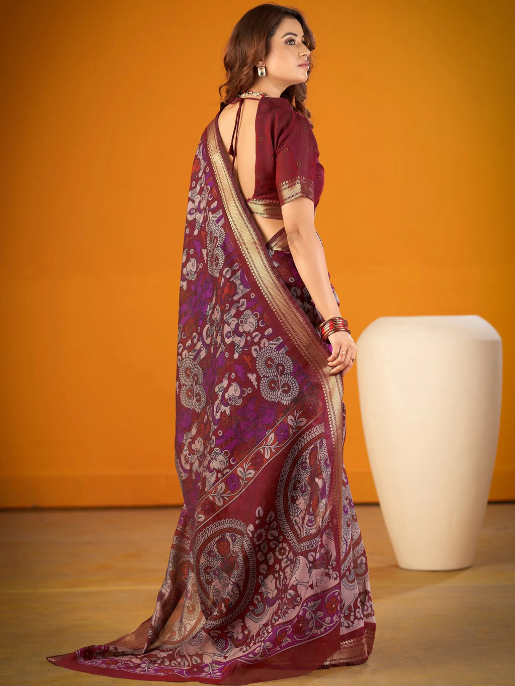 Maroon Outstanding Kalamkari Print Chanderi Marriage Wear Saree With Blouse