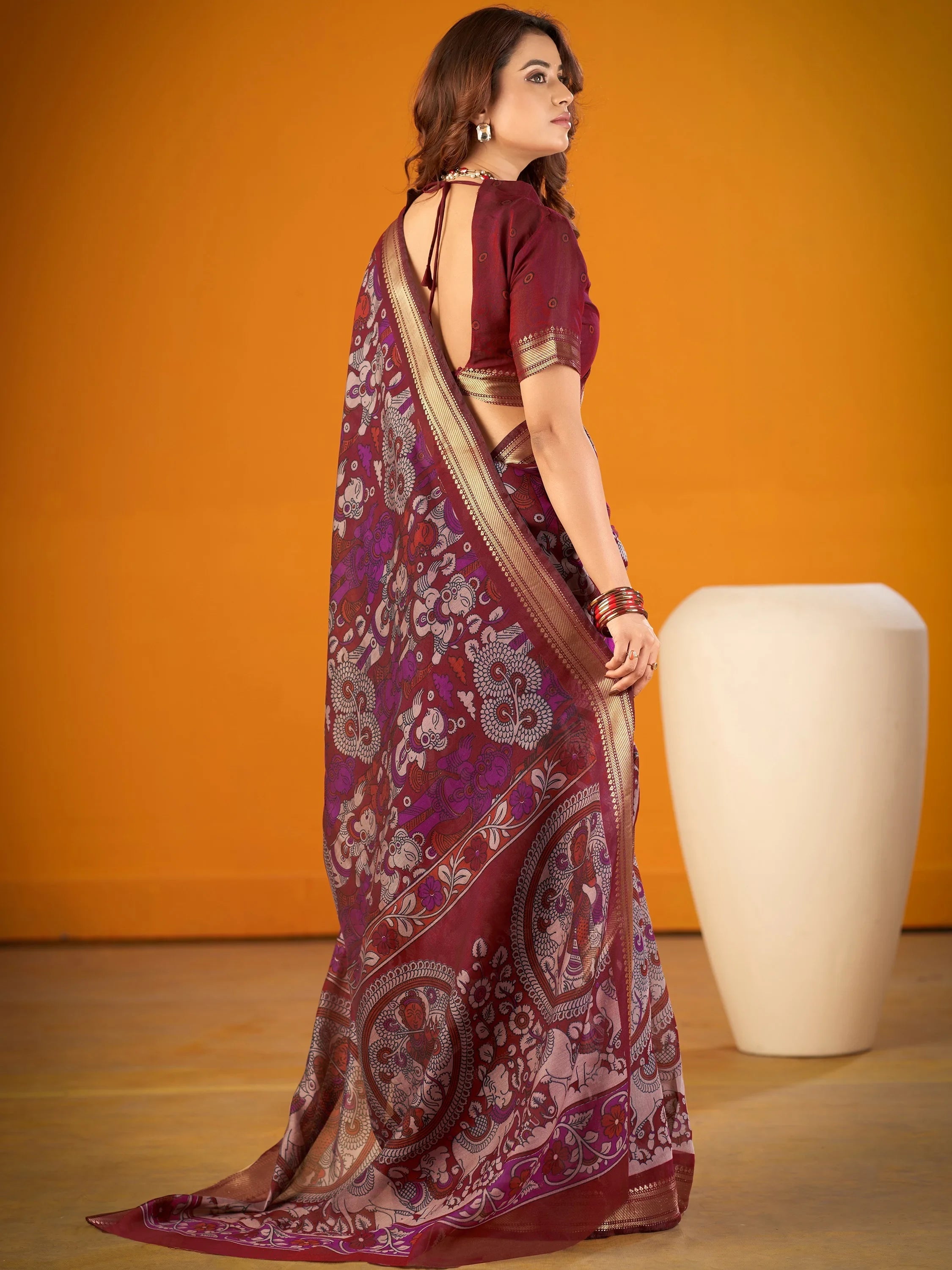Maroon Outstanding Kalamkari Print Chanderi Marriage Wear Saree With Blouse