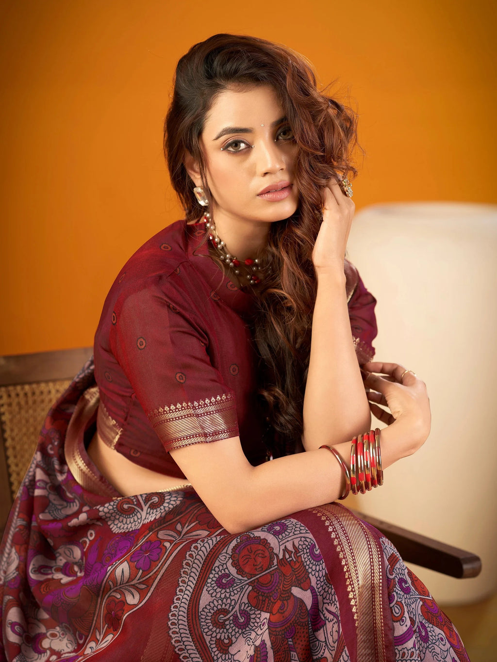 Maroon Outstanding Kalamkari Print Chanderi Marriage Wear Saree With Blouse