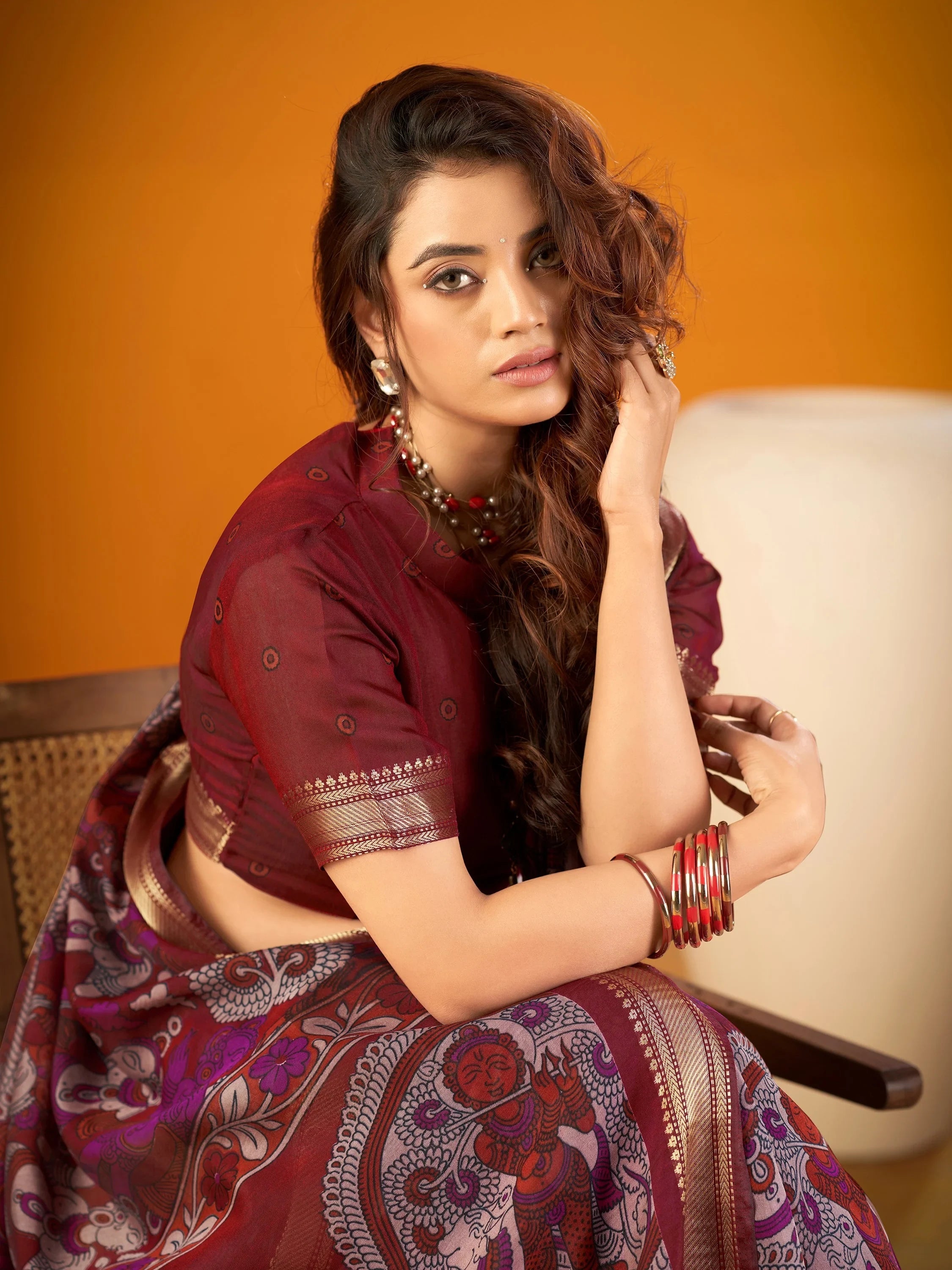 Maroon Outstanding Kalamkari Print Chanderi Marriage Wear Saree With Blouse