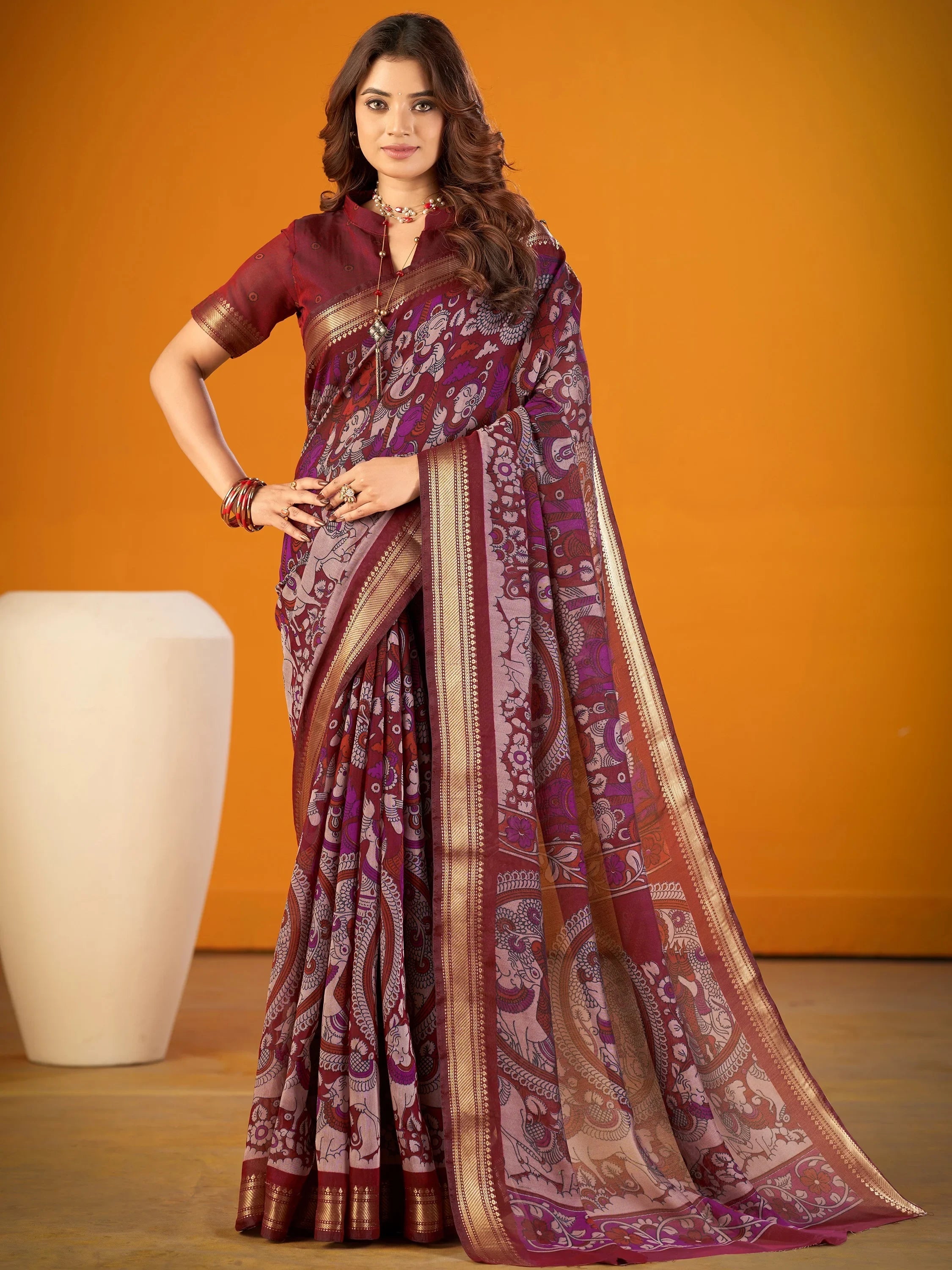 Maroon Outstanding Kalamkari Print Chanderi Marriage Wear Saree With Blouse