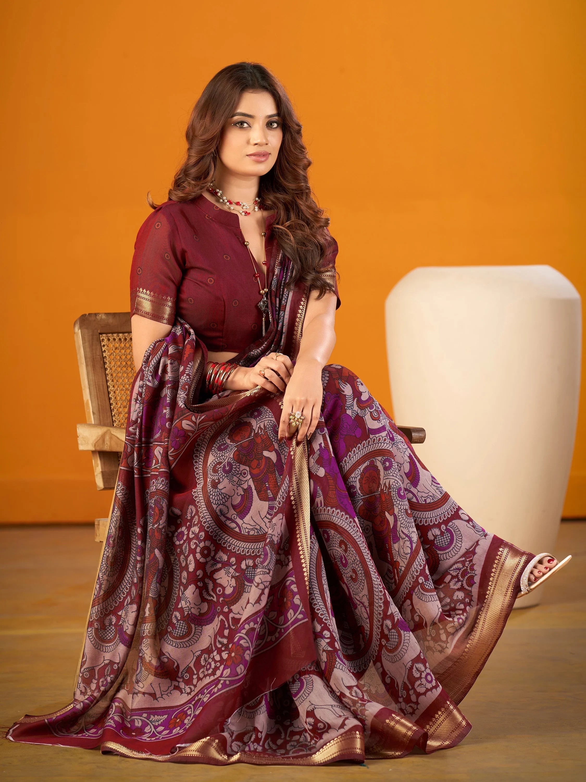 Maroon Outstanding Kalamkari Print Chanderi Marriage Wear Saree With Blouse
