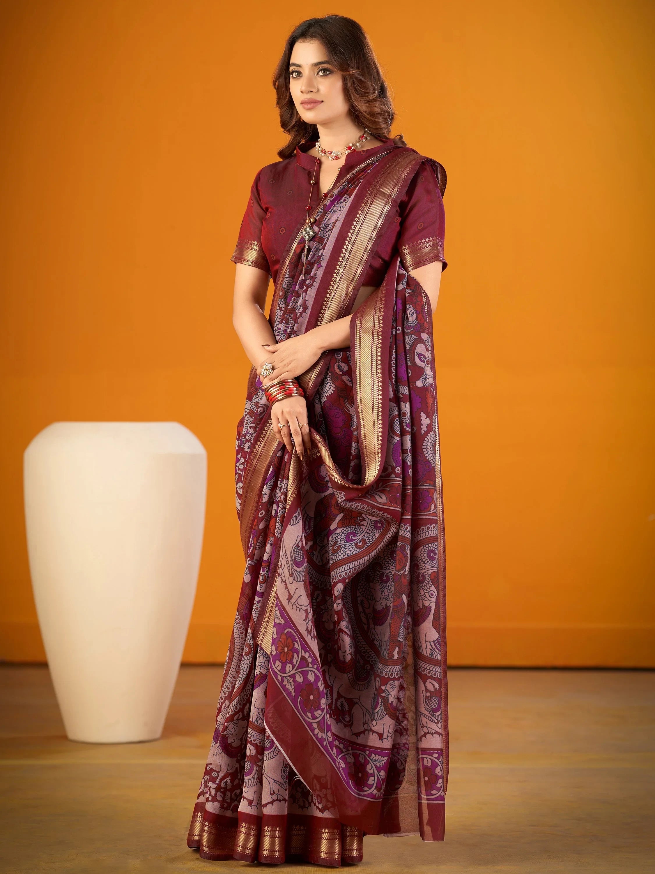 Maroon Outstanding Kalamkari Print Chanderi Marriage Wear Saree With Blouse