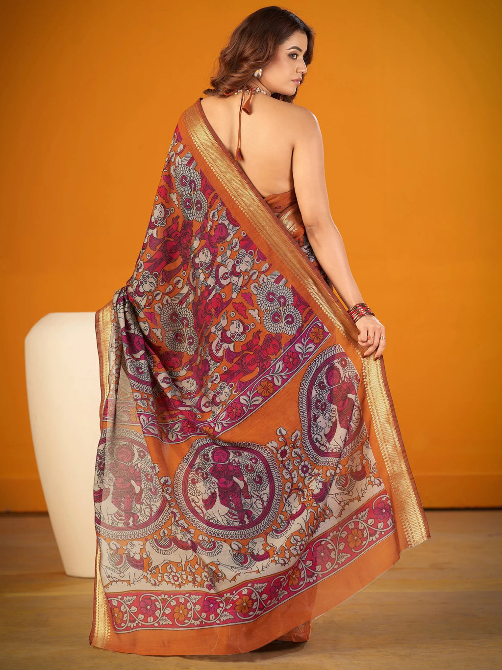 Mustard Outstanding Kalamkari Print Chanderi Marriage Wear Saree With Blouse