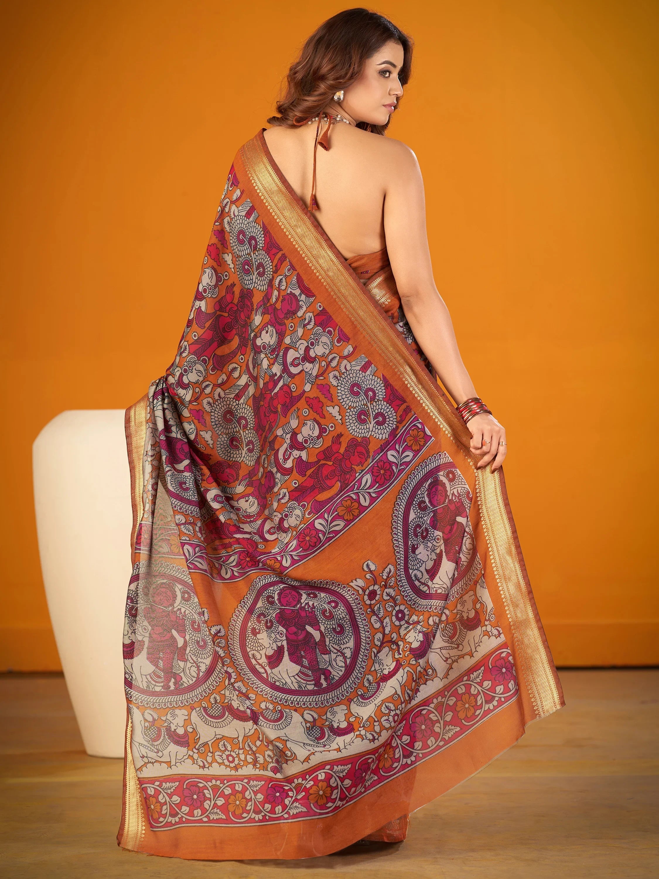 Mustard Outstanding Kalamkari Print Chanderi Marriage Wear Saree With Blouse