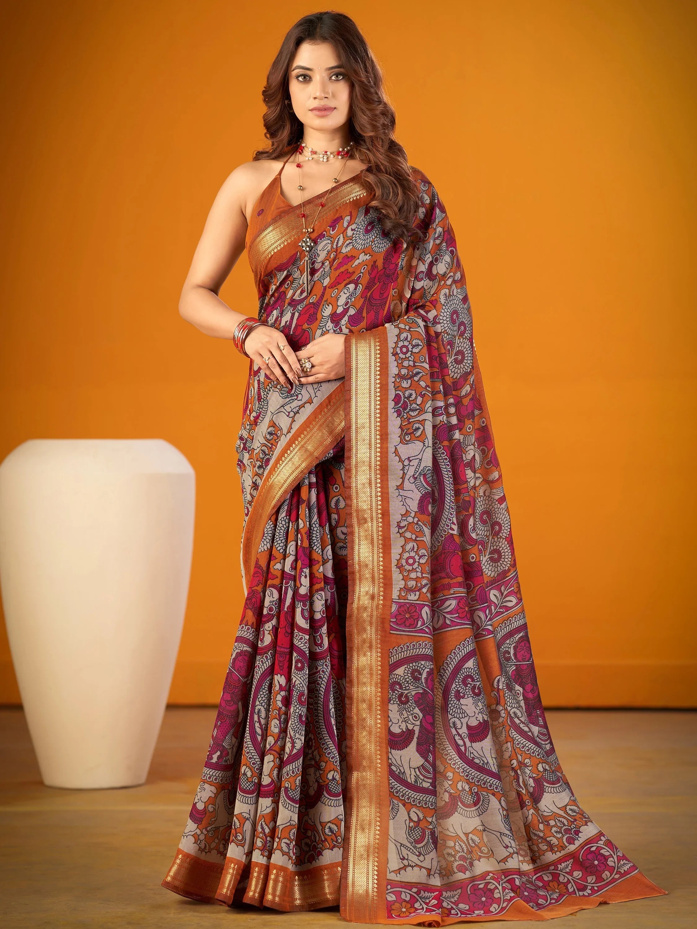 Mustard Outstanding Kalamkari Print Chanderi Marriage Wear Saree With Blouse