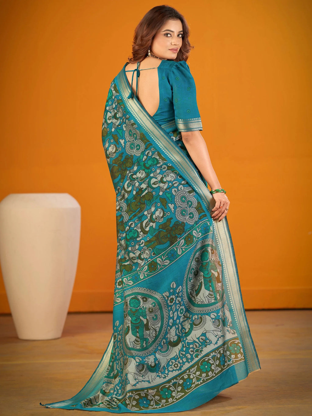 Teal Outstanding Kalamkari Print Chanderi Marriage Wear Saree With Blouse