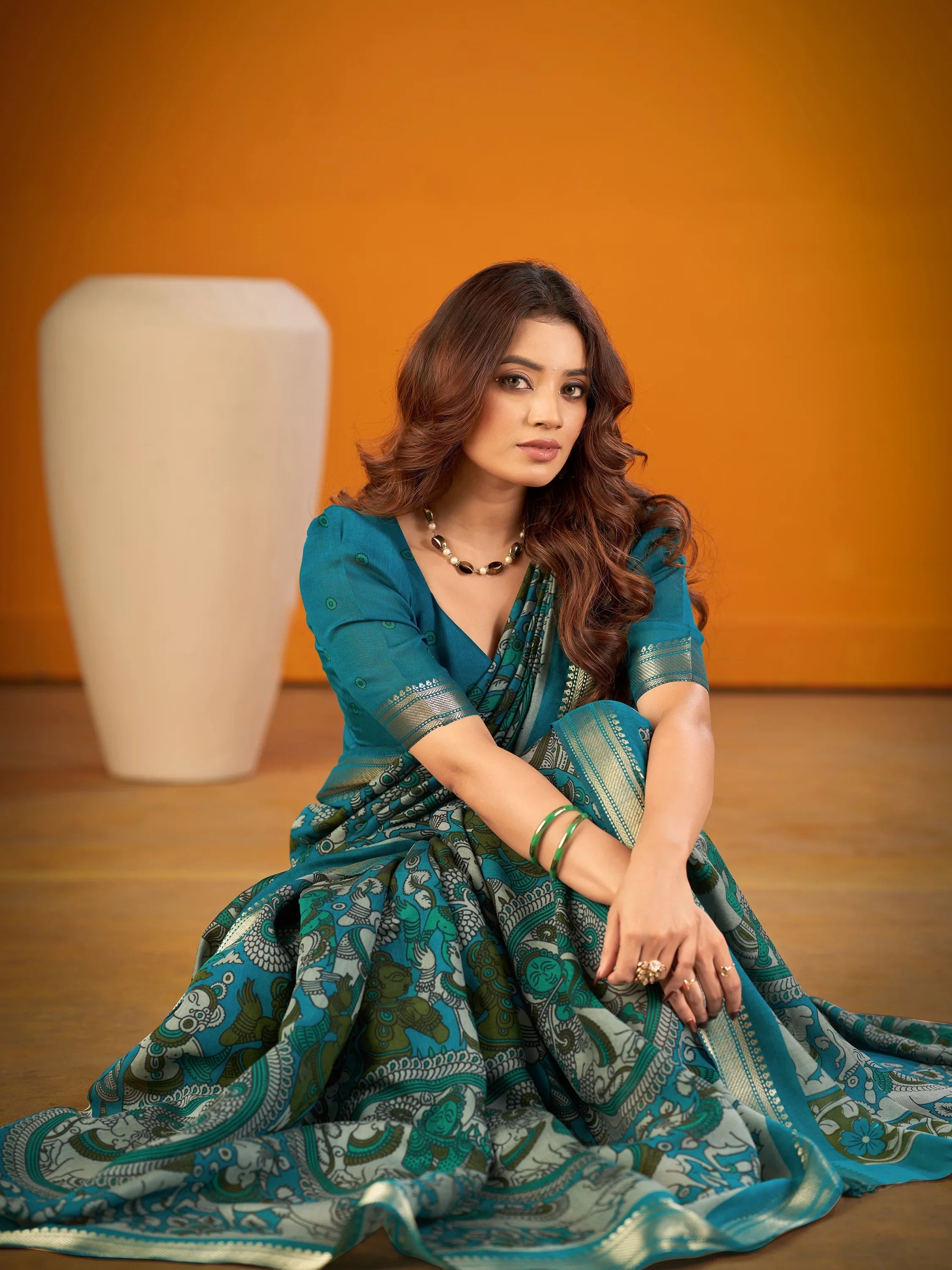 Teal Outstanding Kalamkari Print Chanderi Marriage Wear Saree With Blouse