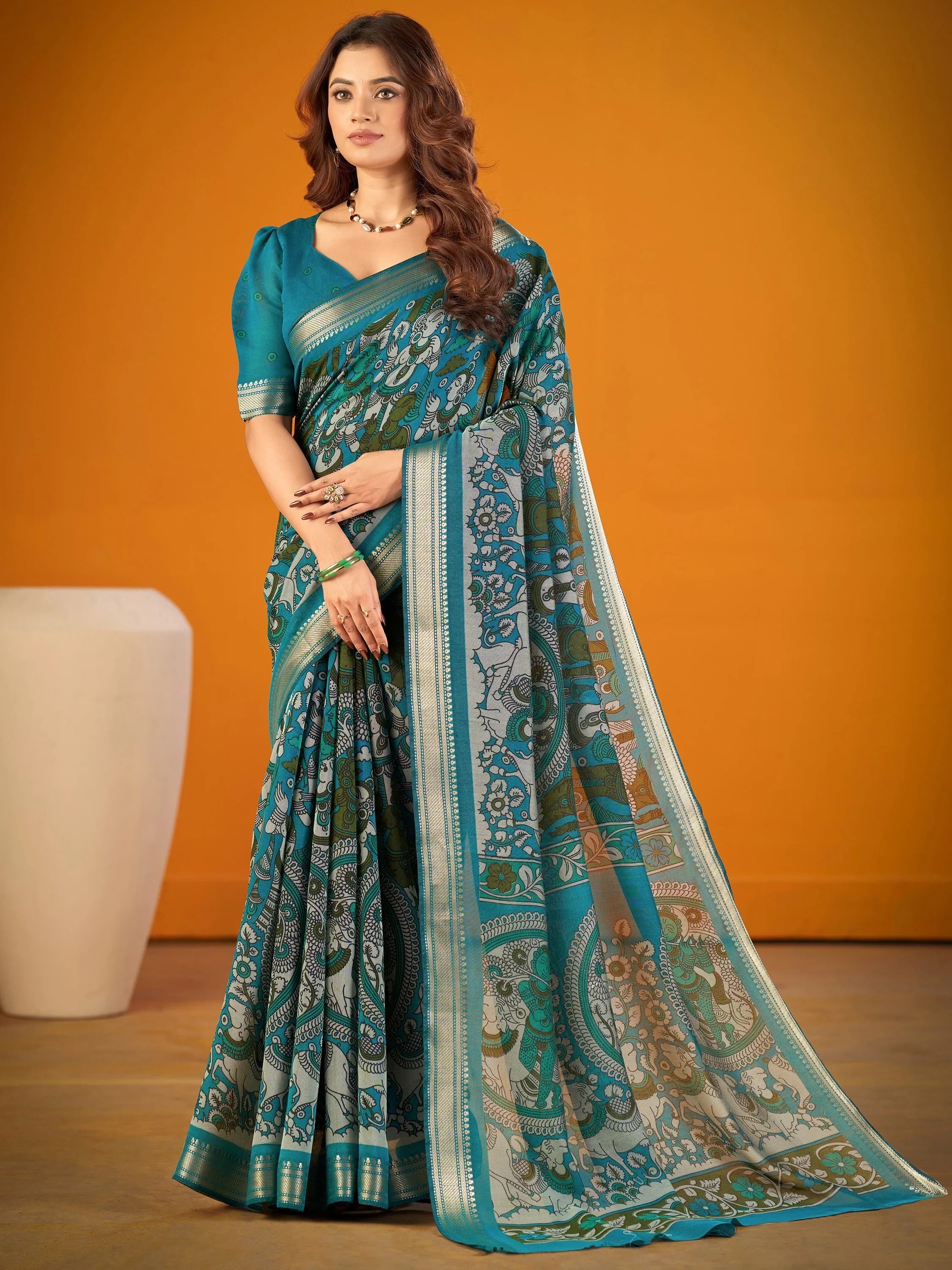 Teal Outstanding Kalamkari Print Chanderi Marriage Wear Saree With Blouse