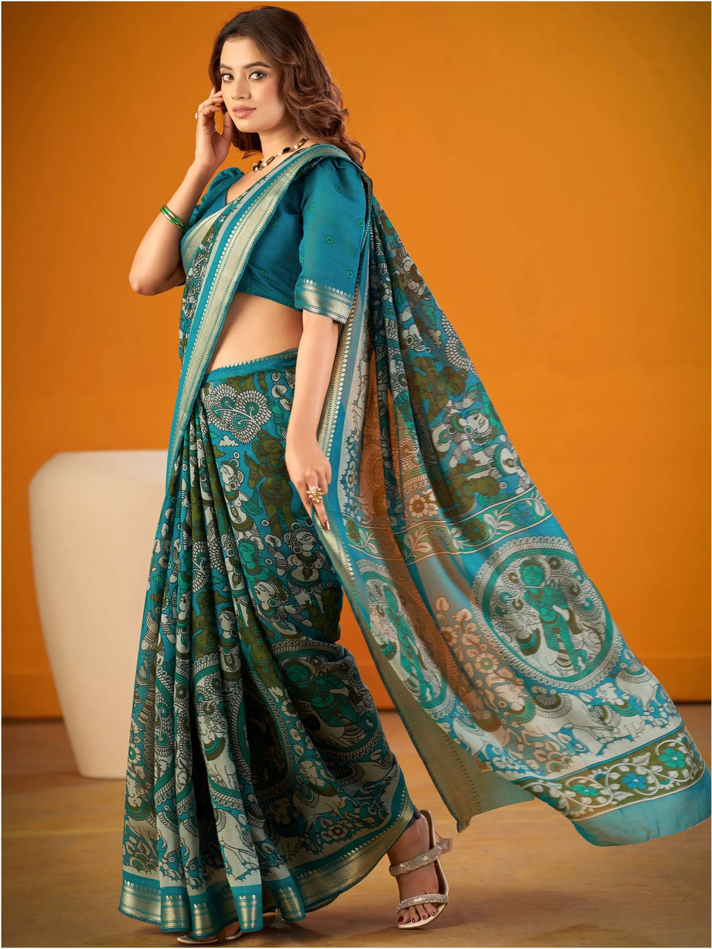 Teal Outstanding Kalamkari Print Chanderi Marriage Wear Saree With Blouse