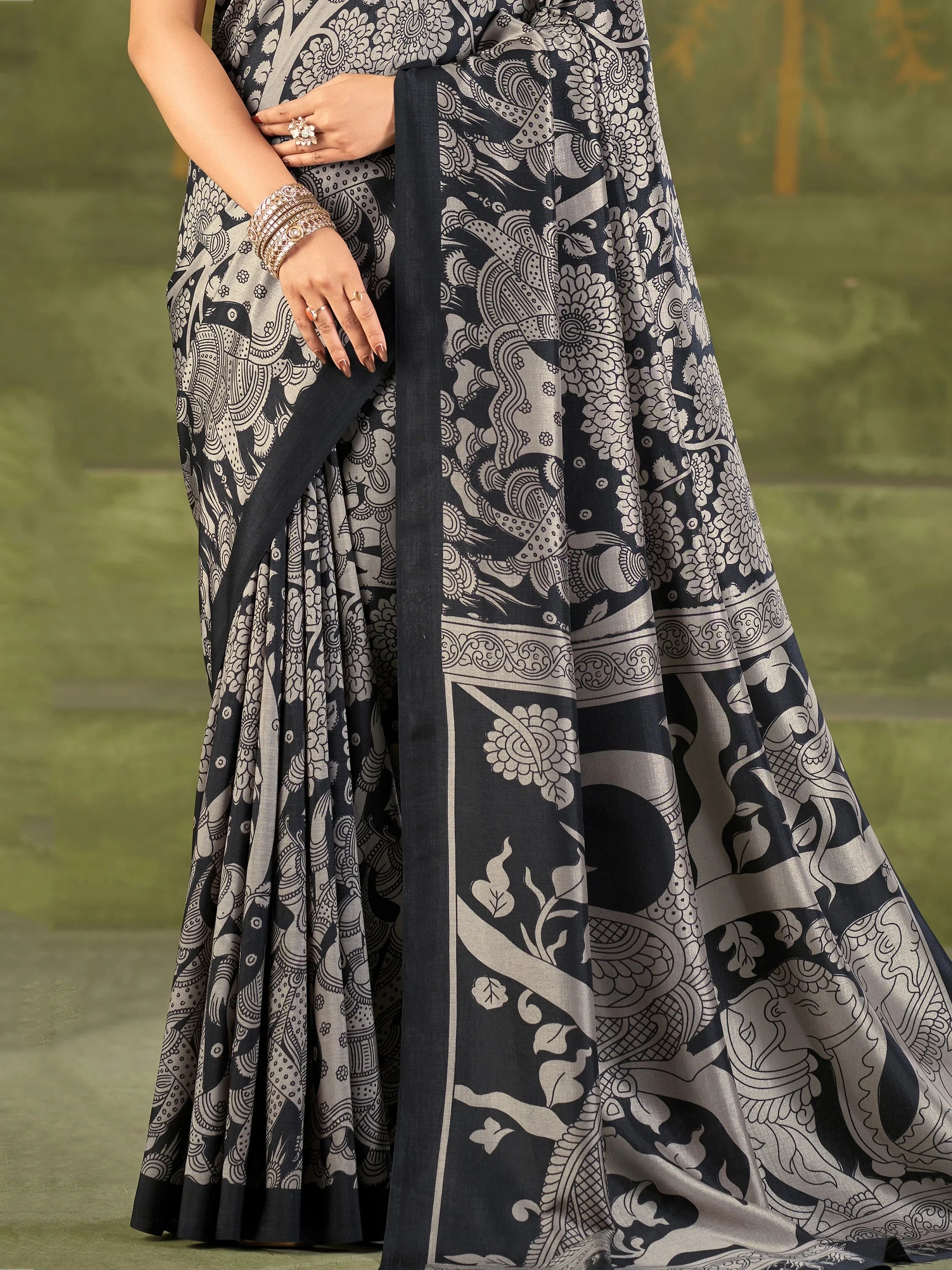 Black Wonderful Kalamkari Printed Silk Festival Wear Saree With Blouse