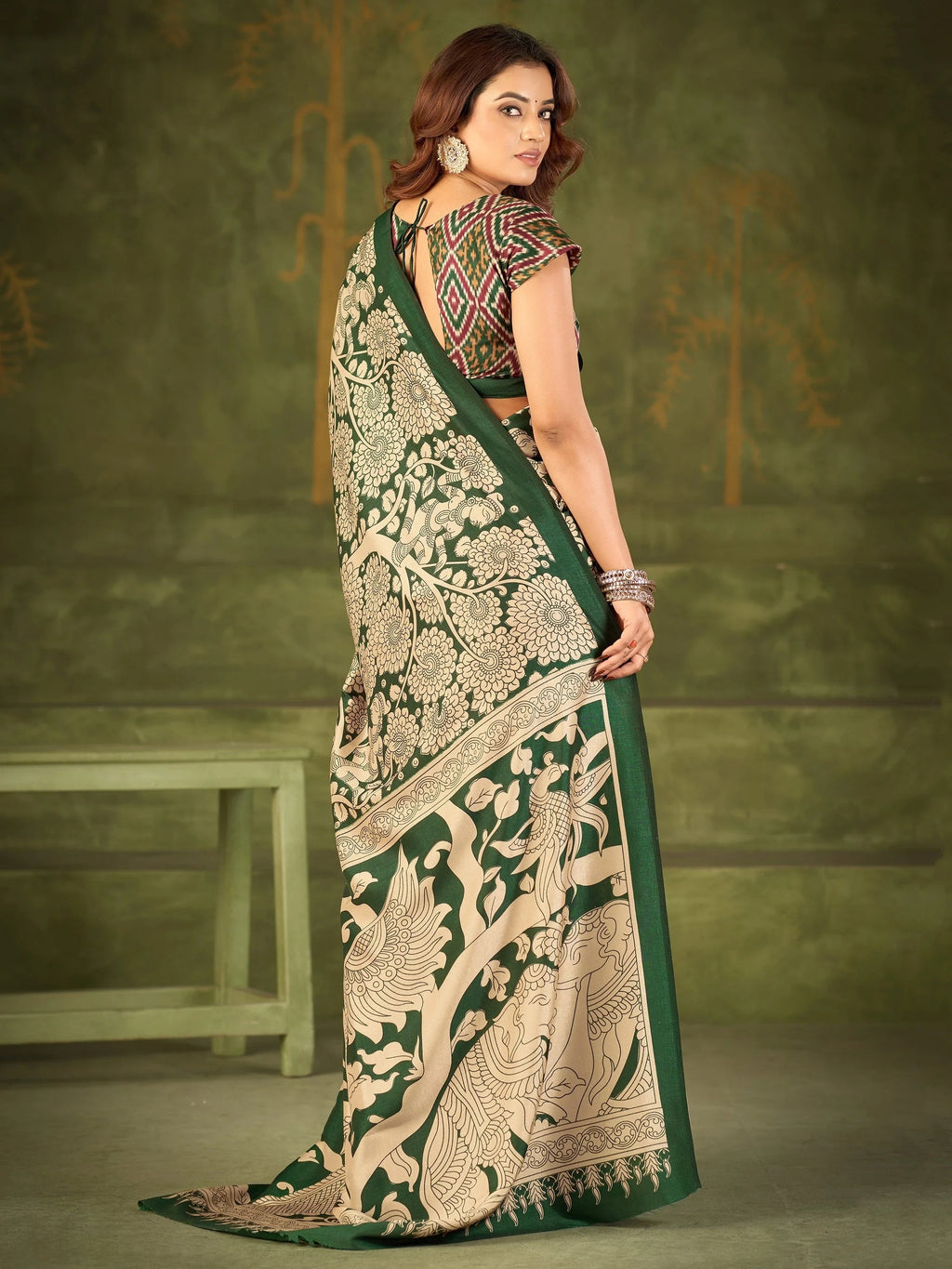 Green Wonderful Kalamkari Printed Silk Festival Wear Saree With Blouse