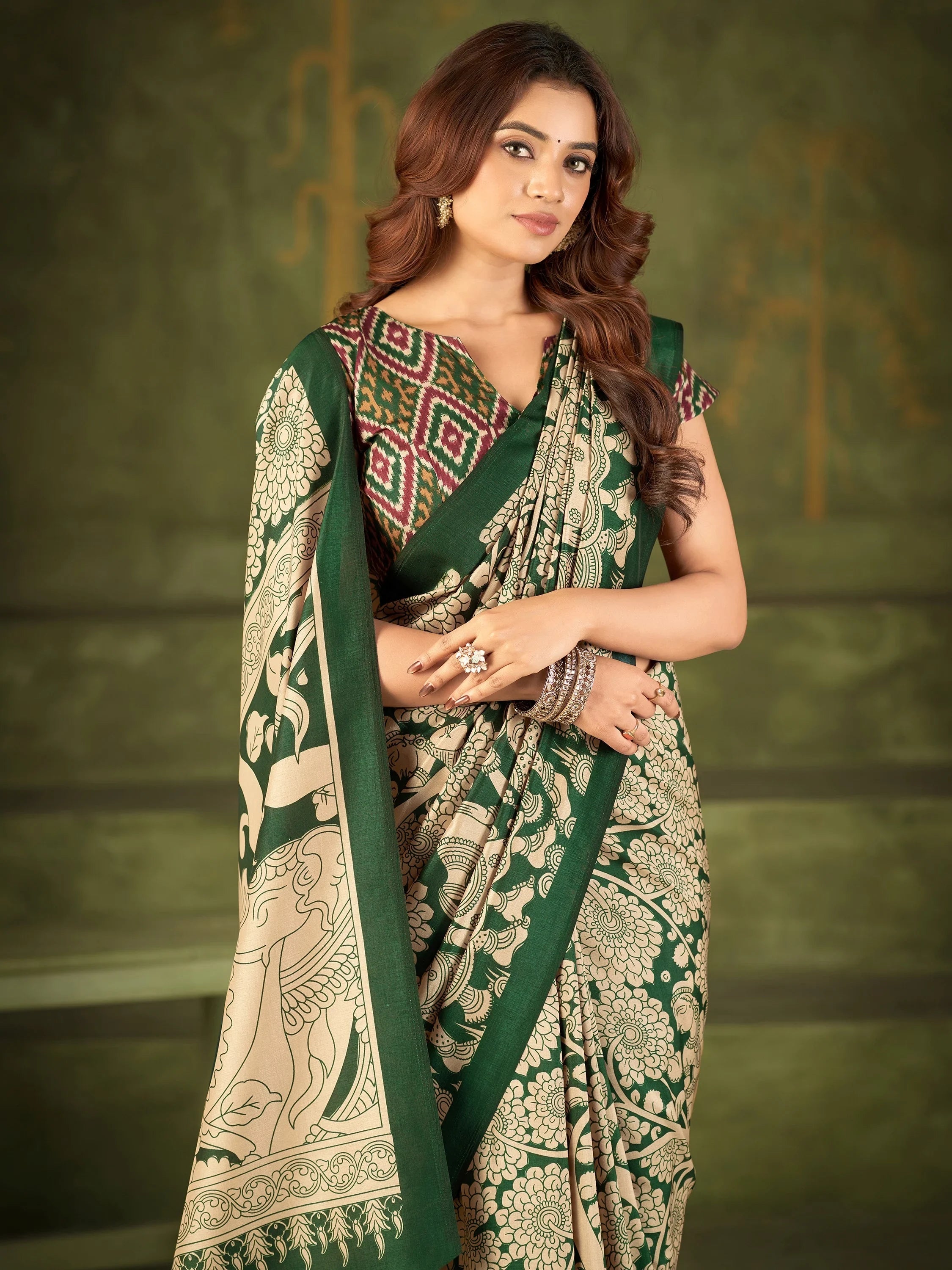 Green Wonderful Kalamkari Printed Silk Festival Wear Saree With Blouse