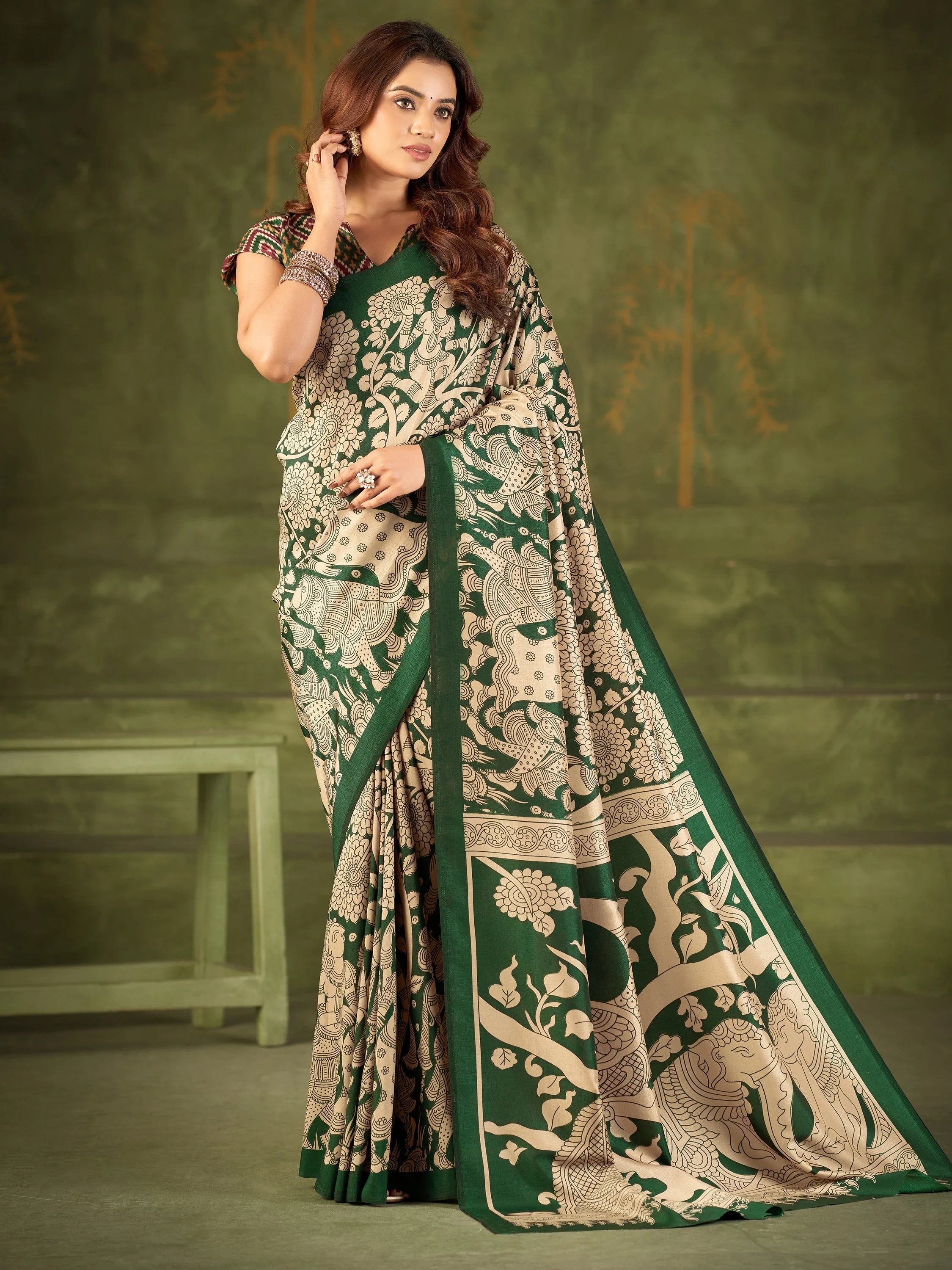 Green Wonderful Kalamkari Printed Silk Festival Wear Saree With Blouse