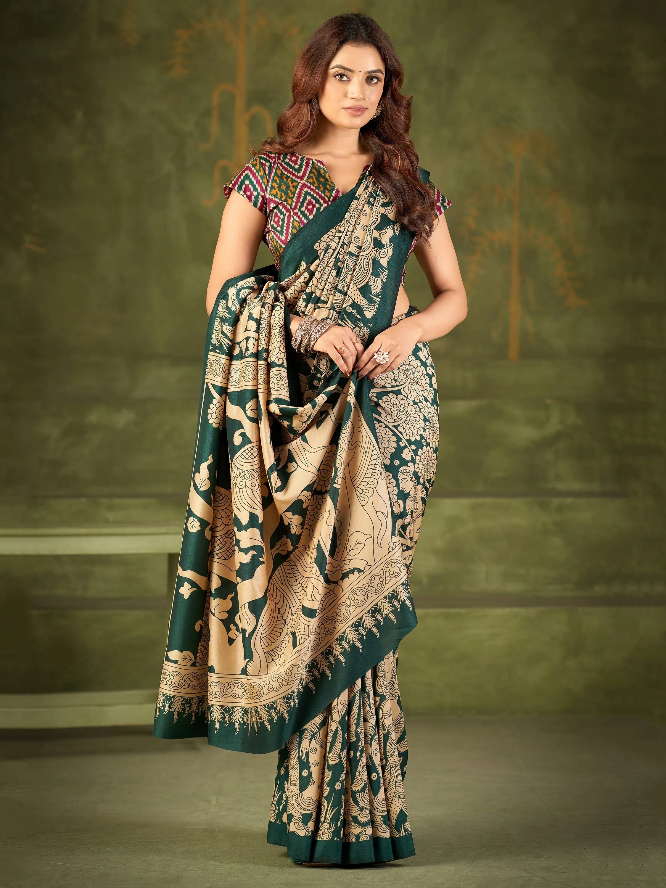 Green Wonderful Kalamkari Printed Silk Festival Wear Saree With Blouse