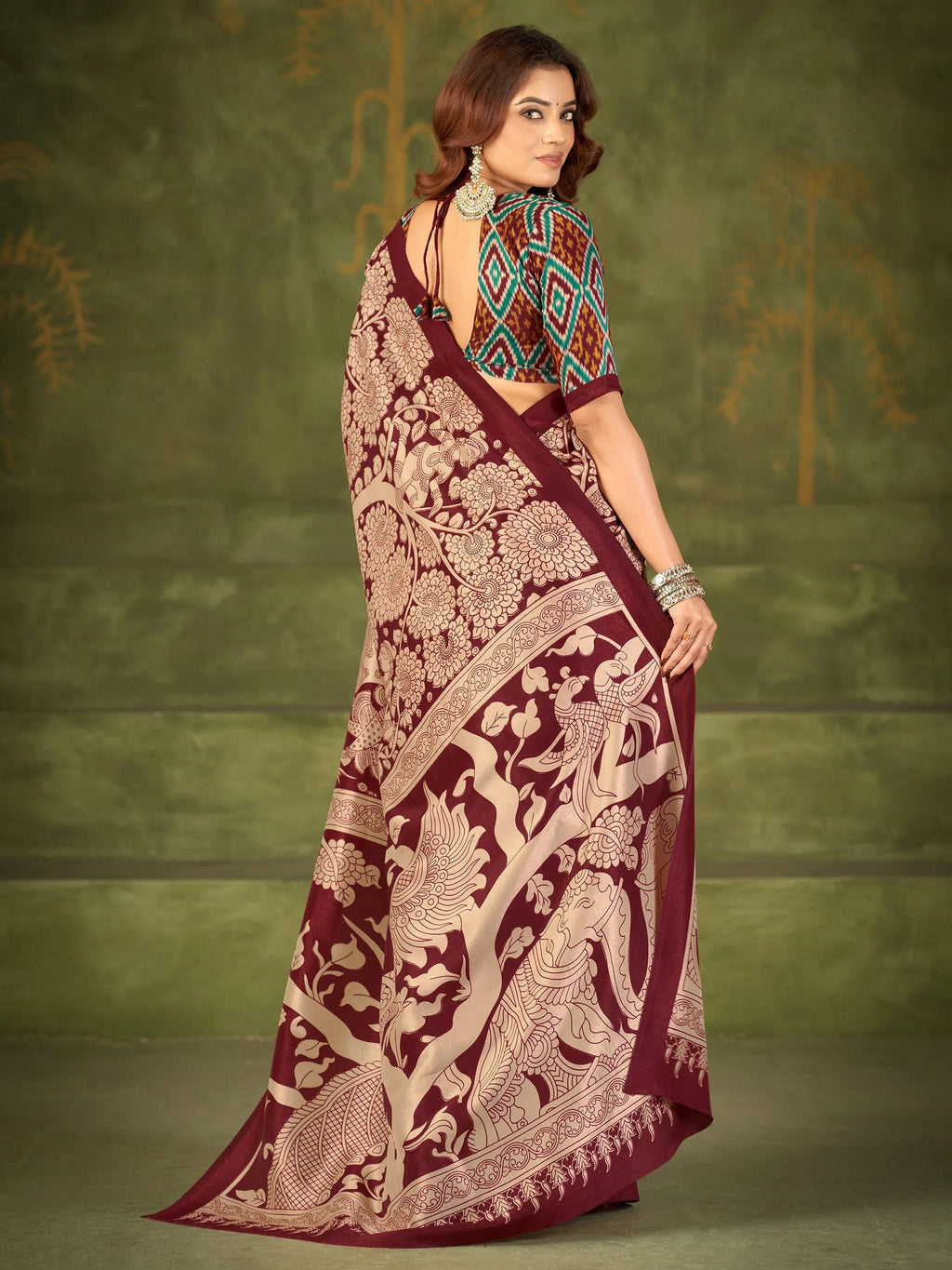 Maroon Wonderful Kalamkari Printed Silk Festival Wear Saree With Blouse