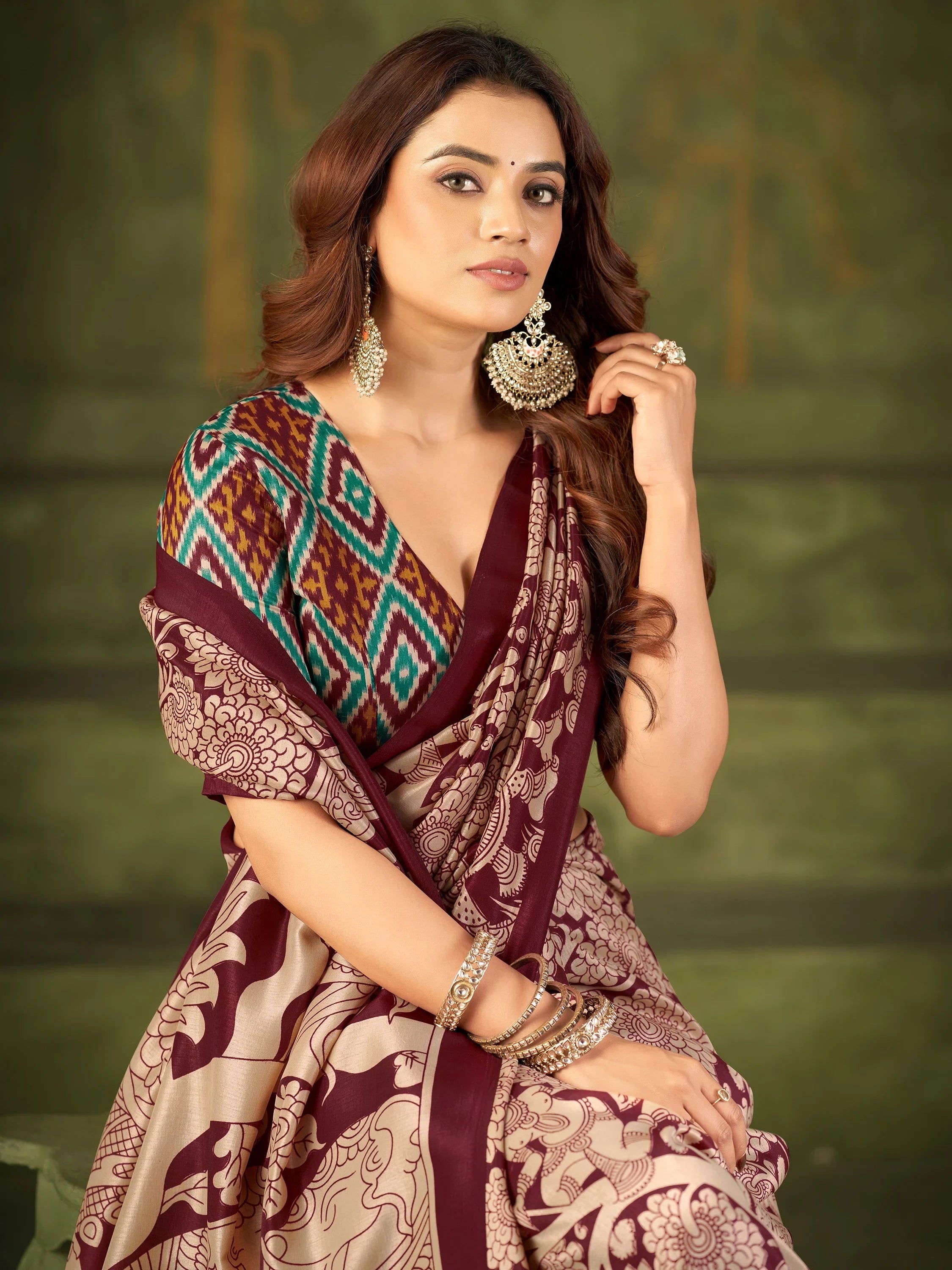 Maroon Wonderful Kalamkari Printed Silk Festival Wear Saree With Blouse