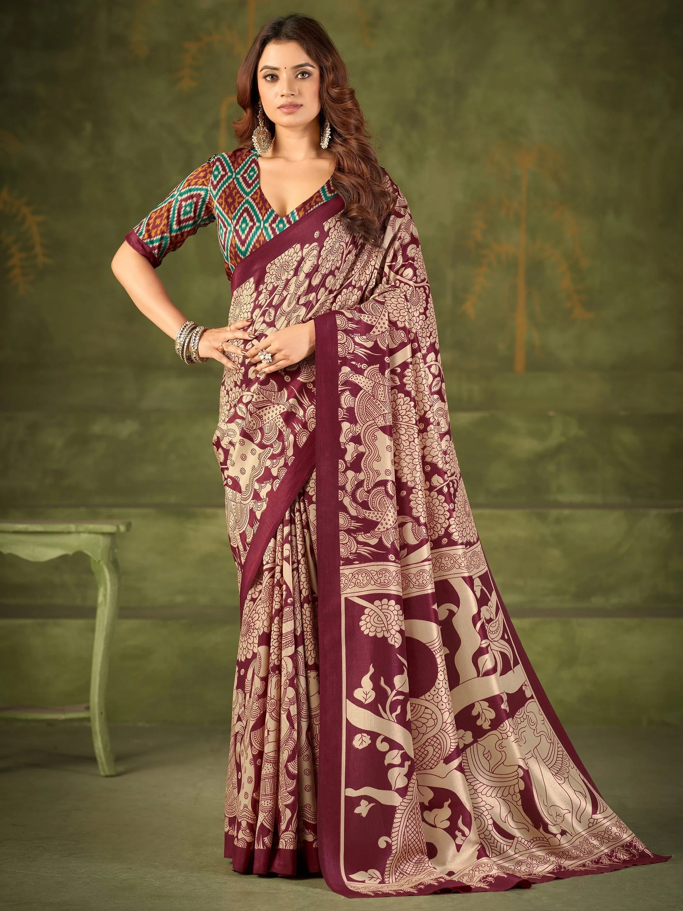 Maroon Wonderful Kalamkari Printed Silk Festival Wear Saree With Blouse