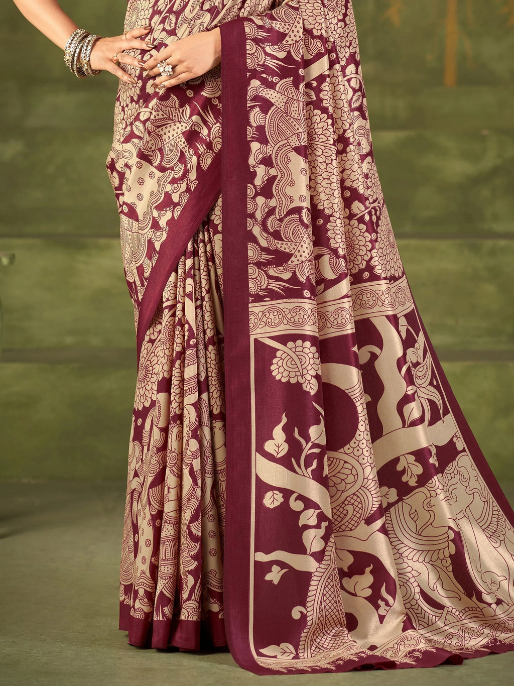 Maroon Wonderful Kalamkari Printed Silk Festival Wear Saree With Blouse
