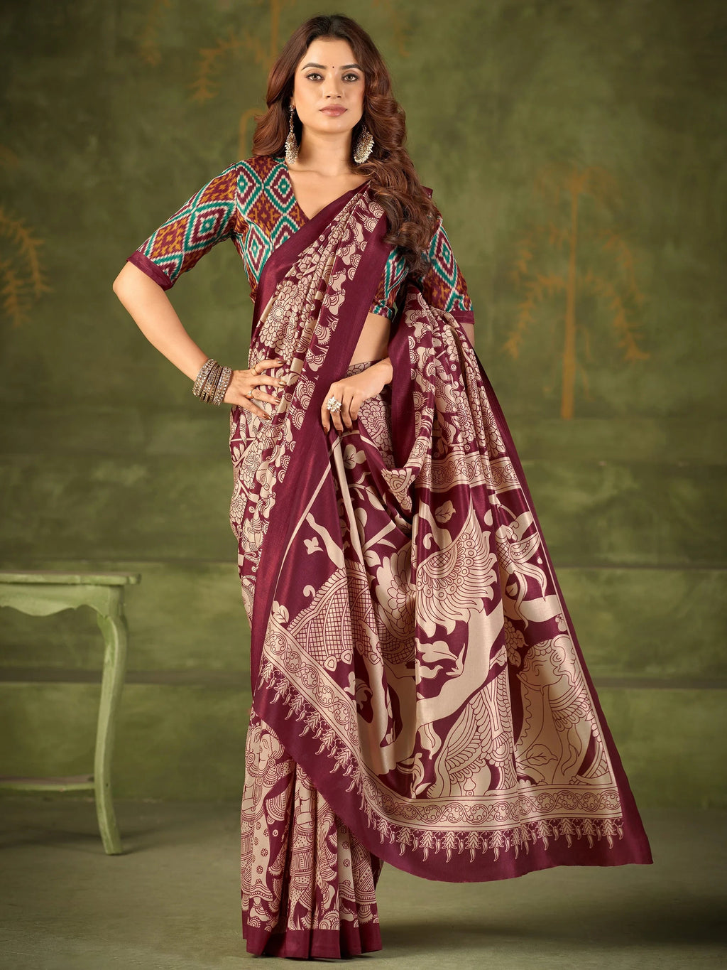 Maroon Wonderful Kalamkari Printed Silk Festival Wear Saree With Blouse