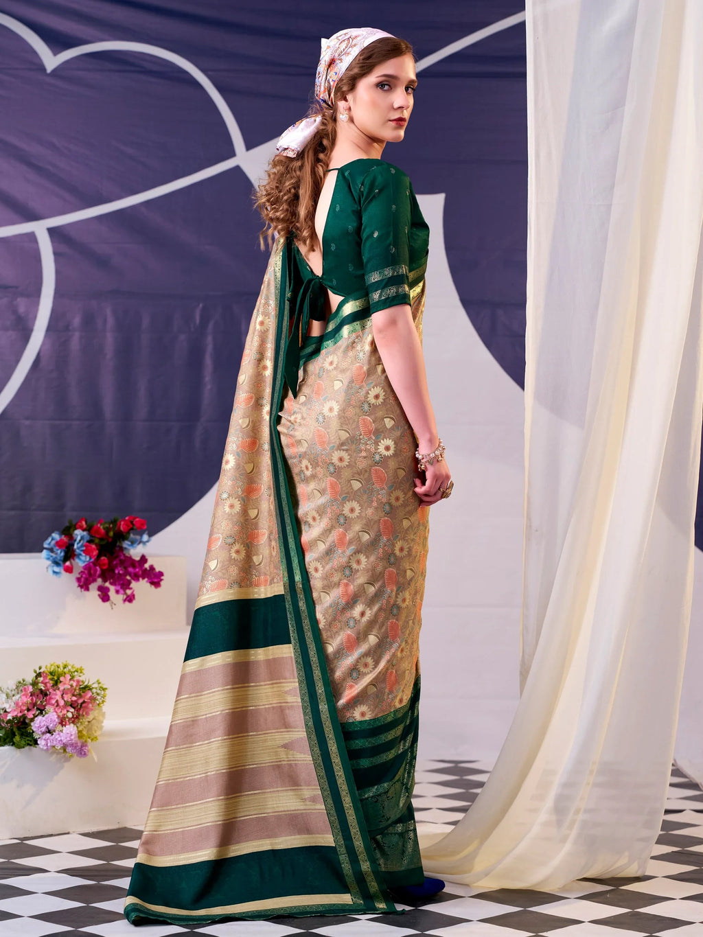 Green Fabulous Foil Work Silk Mehendi Wear Saree With Blouse