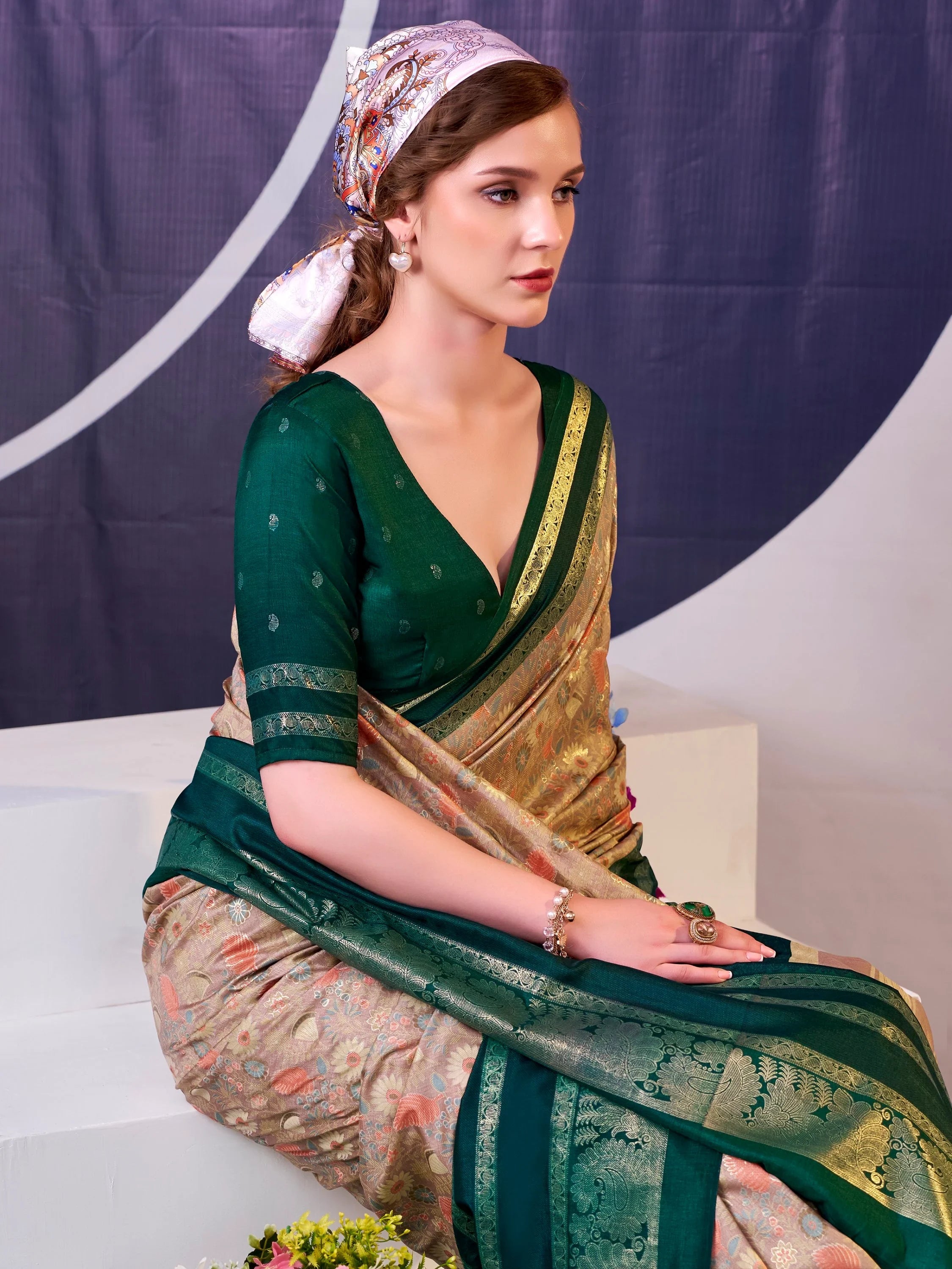 Green Fabulous Foil Work Silk Mehendi Wear Saree With Blouse
