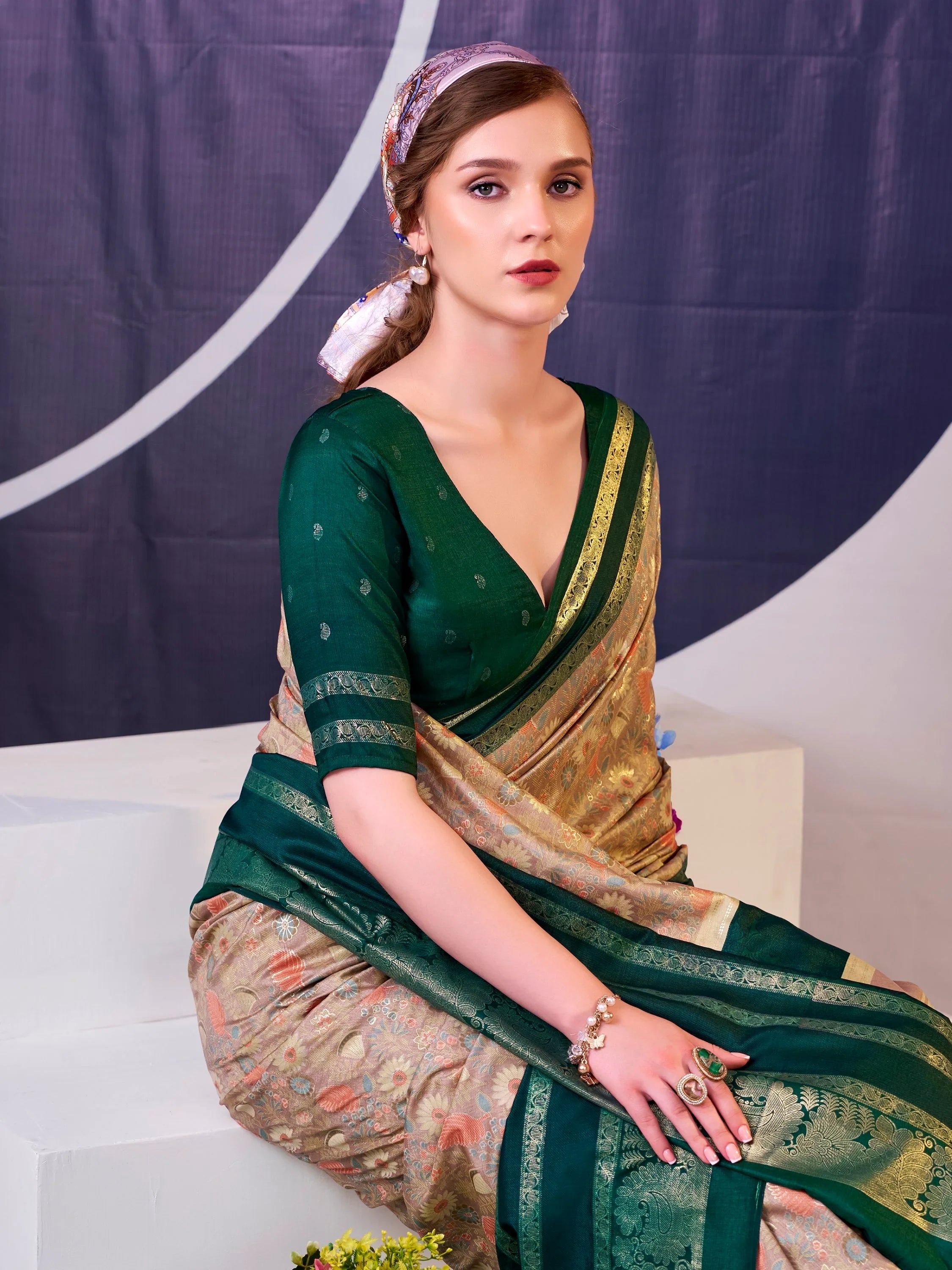 Green Fabulous Foil Work Silk Mehendi Wear Saree With Blouse
