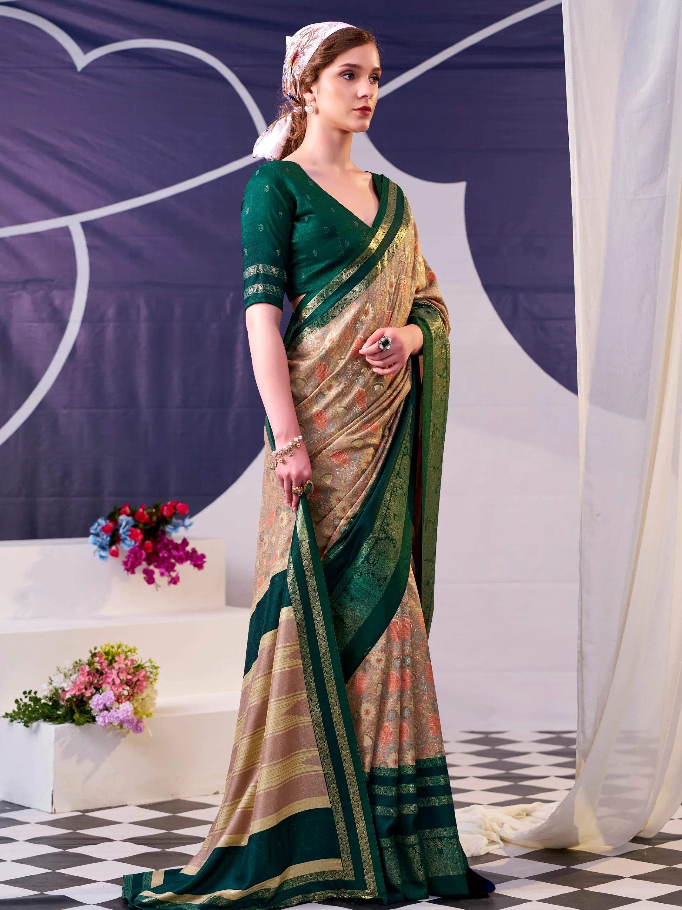 Green Fabulous Foil Work Silk Mehendi Wear Saree With Blouse