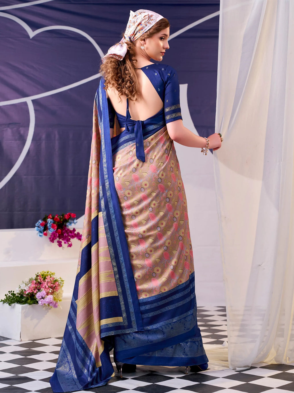 Navy Fabulous Foil Work Silk Mehendi Wear Saree With Blouse