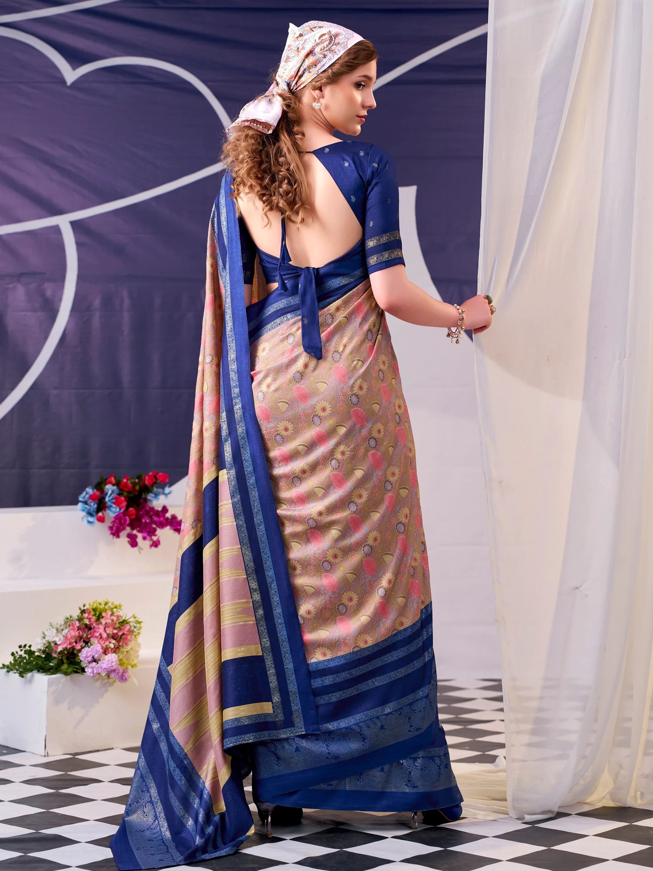 Navy Fabulous Foil Work Silk Mehendi Wear Saree With Blouse