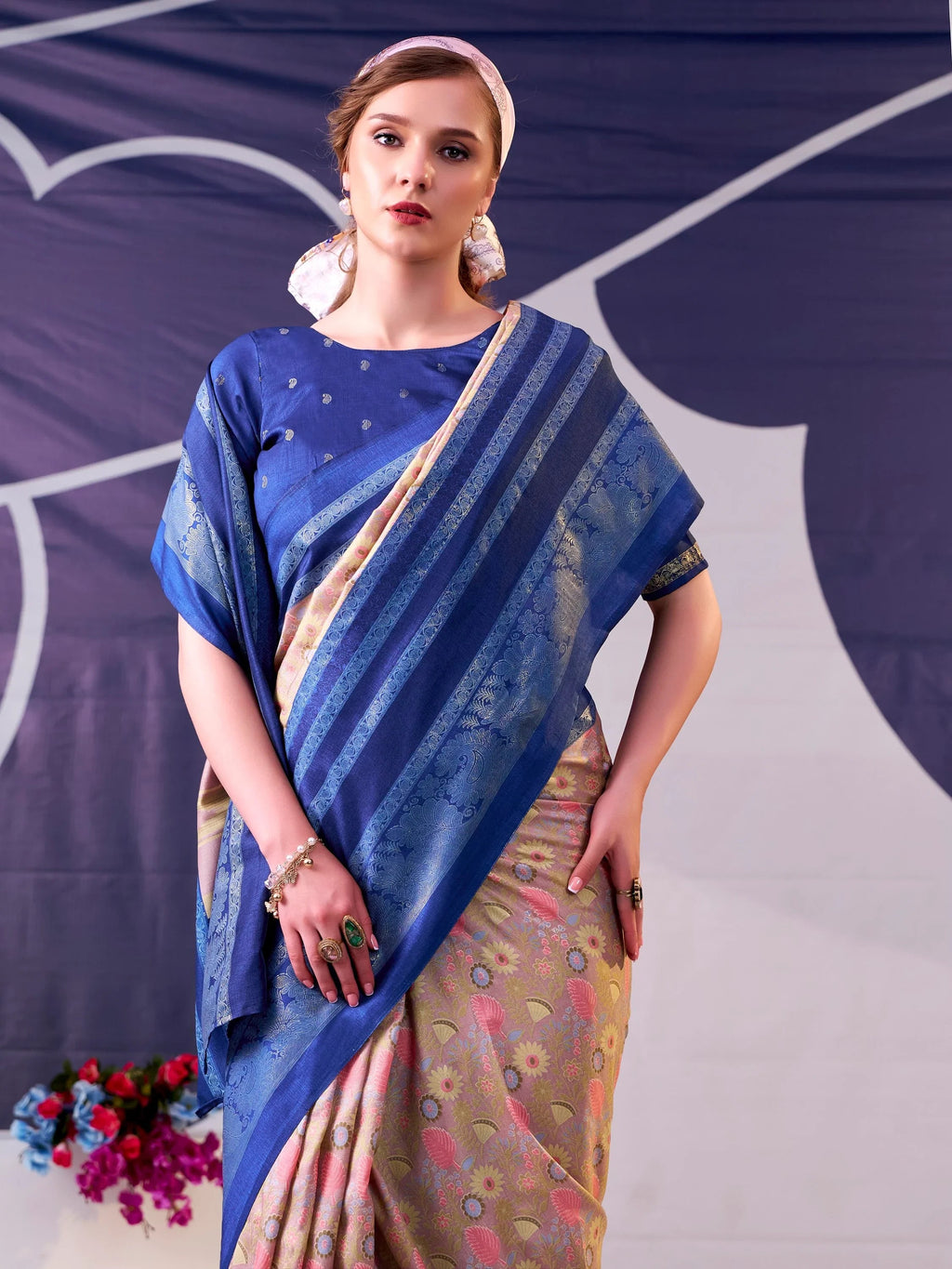 Navy Fabulous Foil Work Silk Mehendi Wear Saree With Blouse