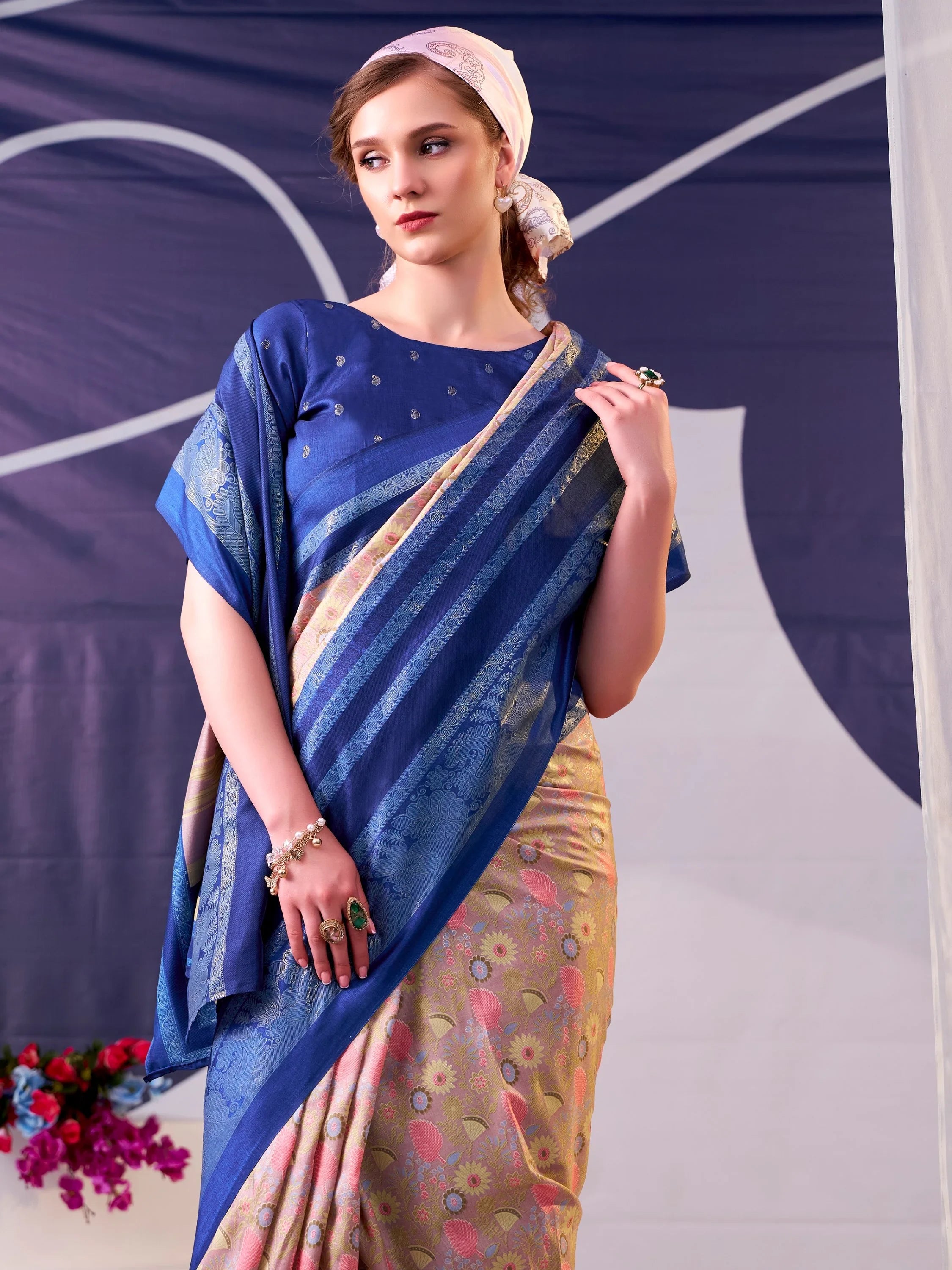 Navy Fabulous Foil Work Silk Mehendi Wear Saree With Blouse