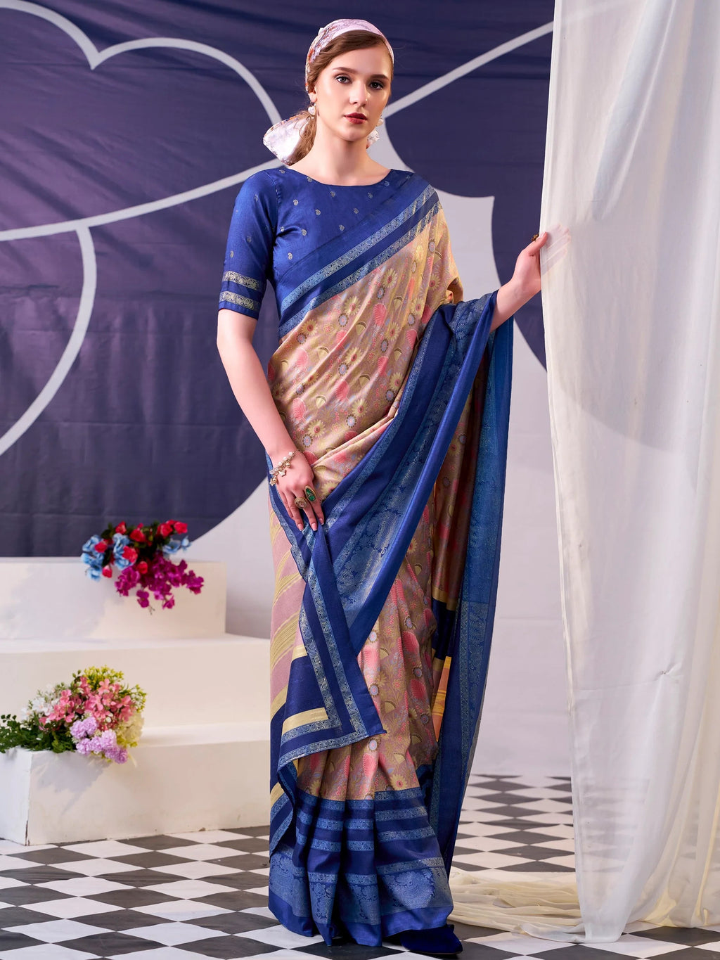 Navy Fabulous Foil Work Silk Mehendi Wear Saree With Blouse