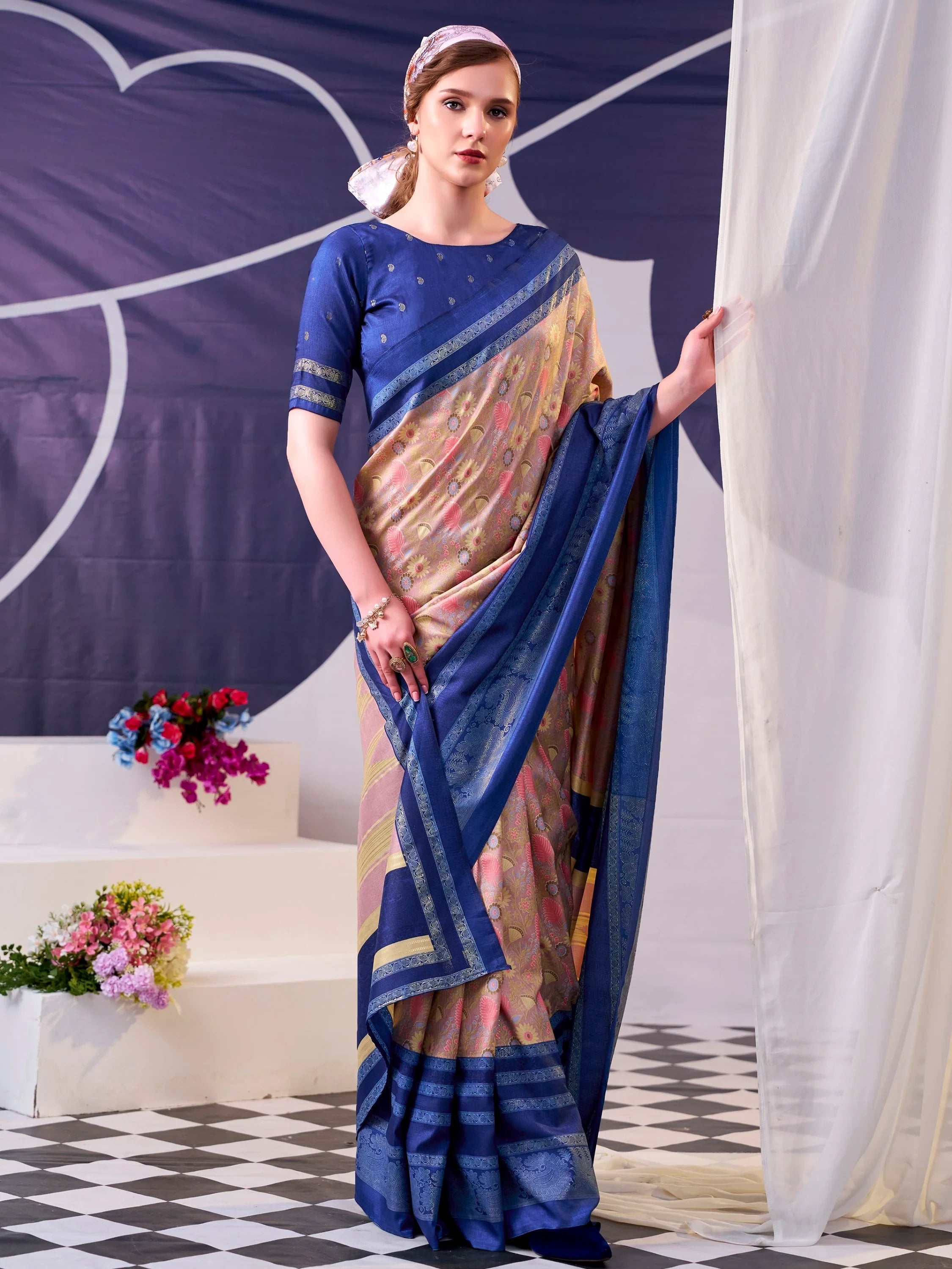 Navy Fabulous Foil Work Silk Mehendi Wear Saree With Blouse