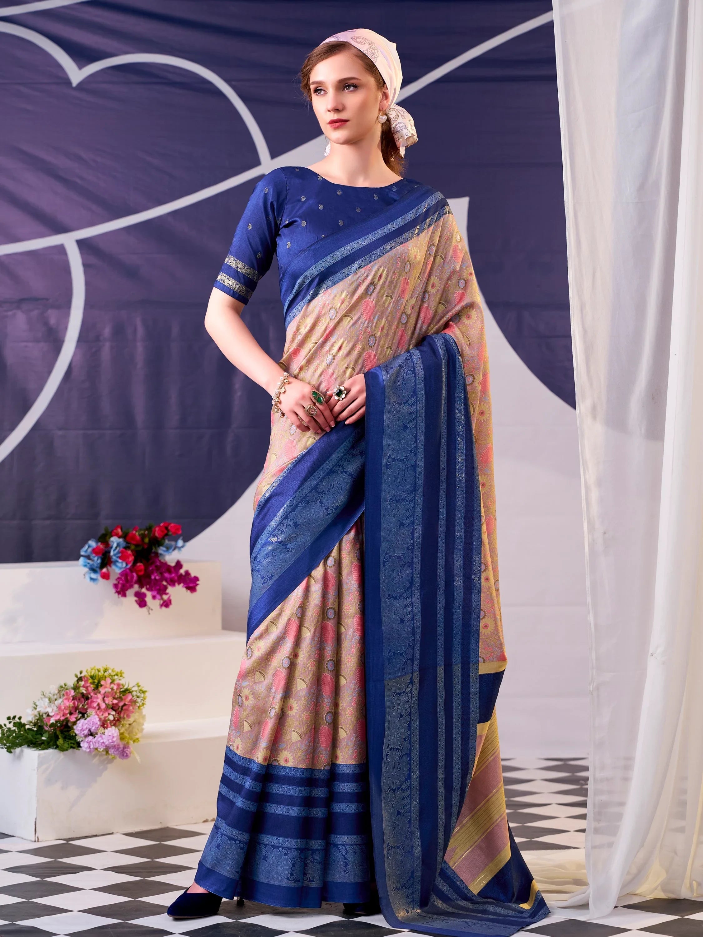 Navy Fabulous Foil Work Silk Mehendi Wear Saree With Blouse