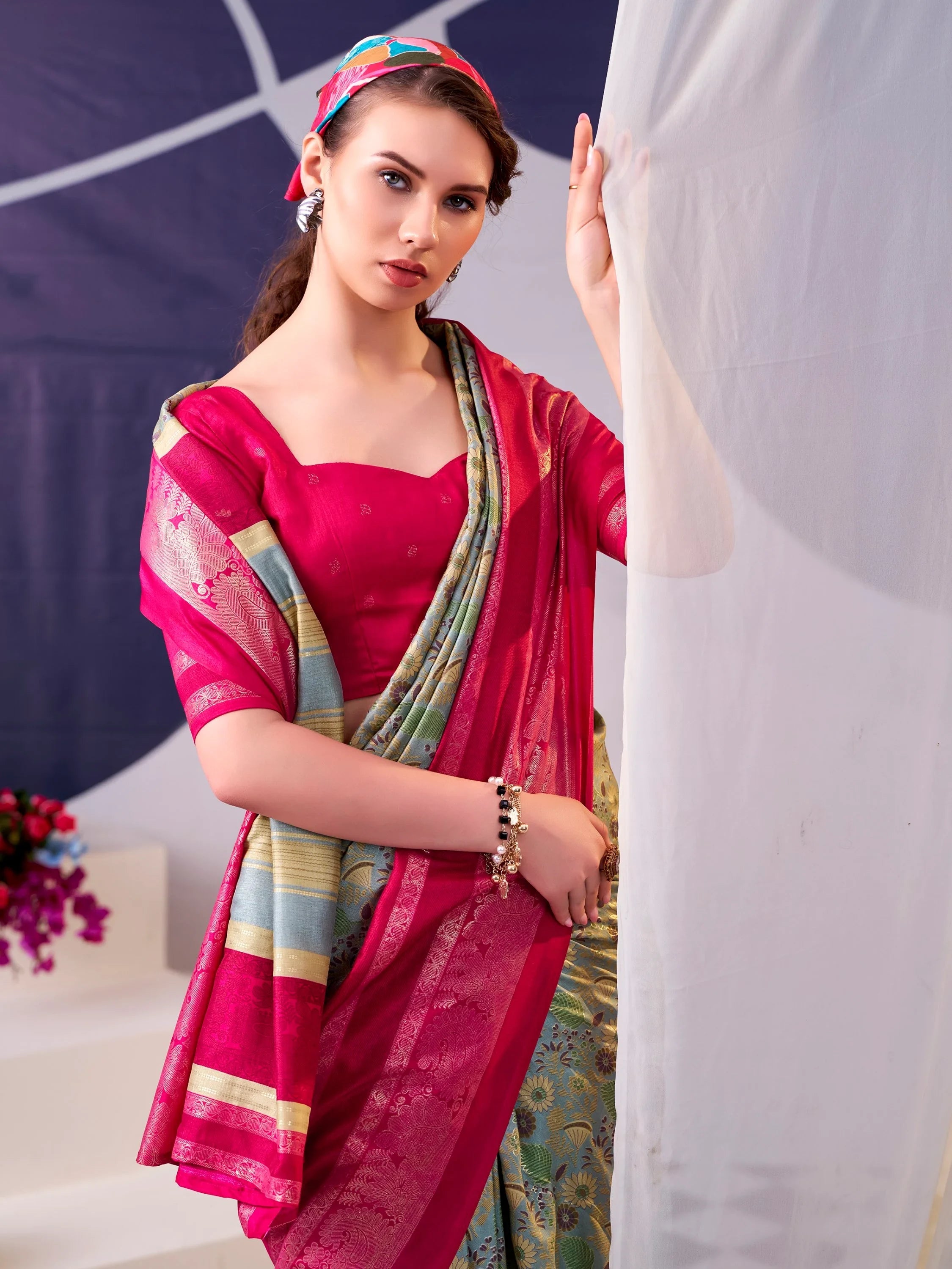 Pink Fabulous Foil Work Silk Mehendi Wear Saree With Blouse