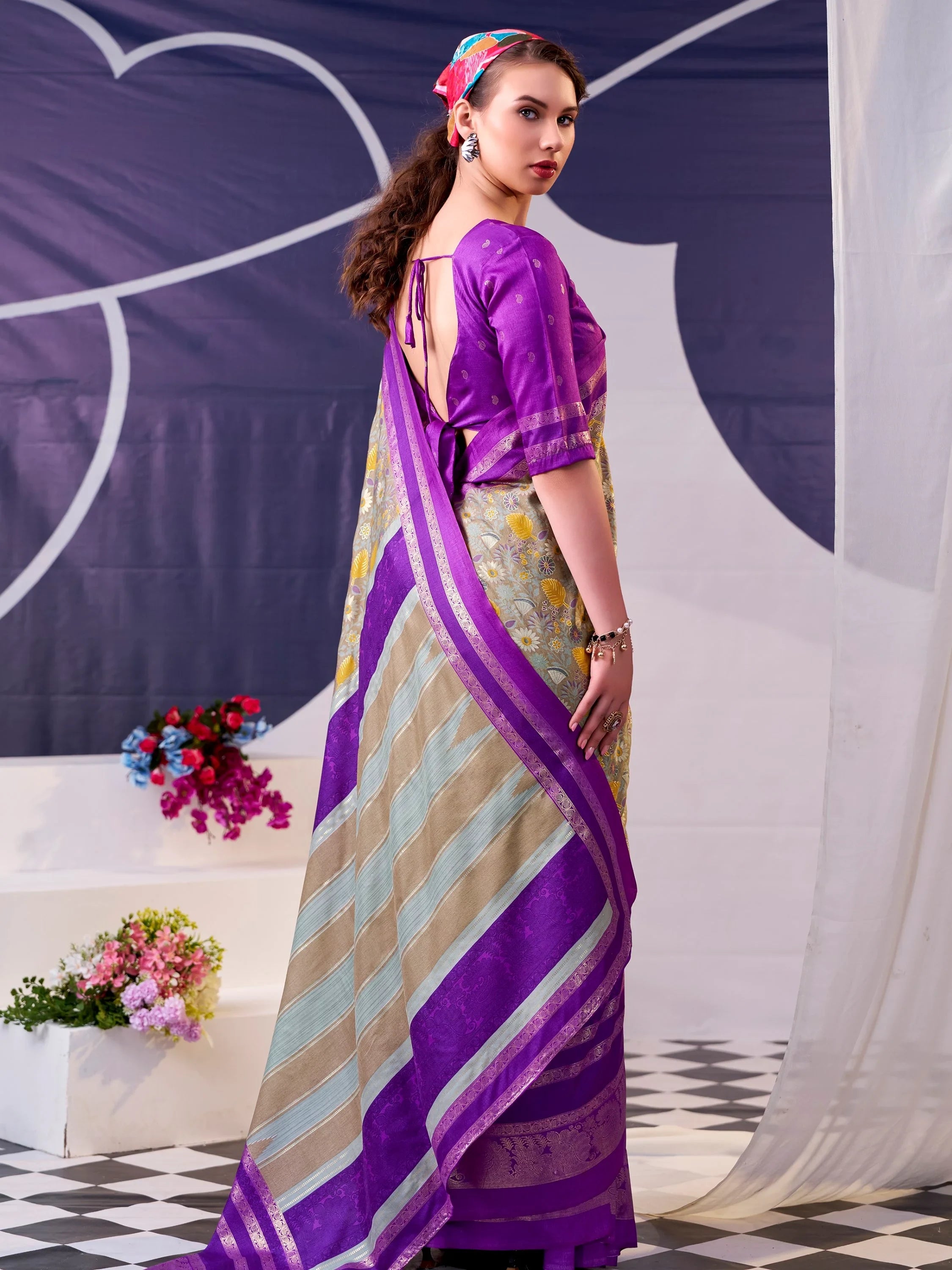 Purple Fabulous Foil Work Silk Mehendi Wear Saree With Blouse
