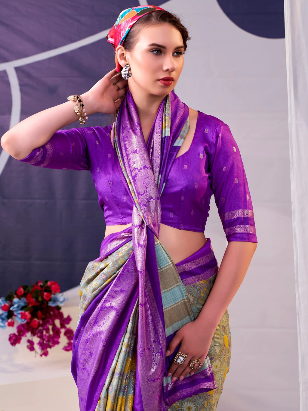 Purple Fabulous Foil Work Silk Mehendi Wear Saree With Blouse