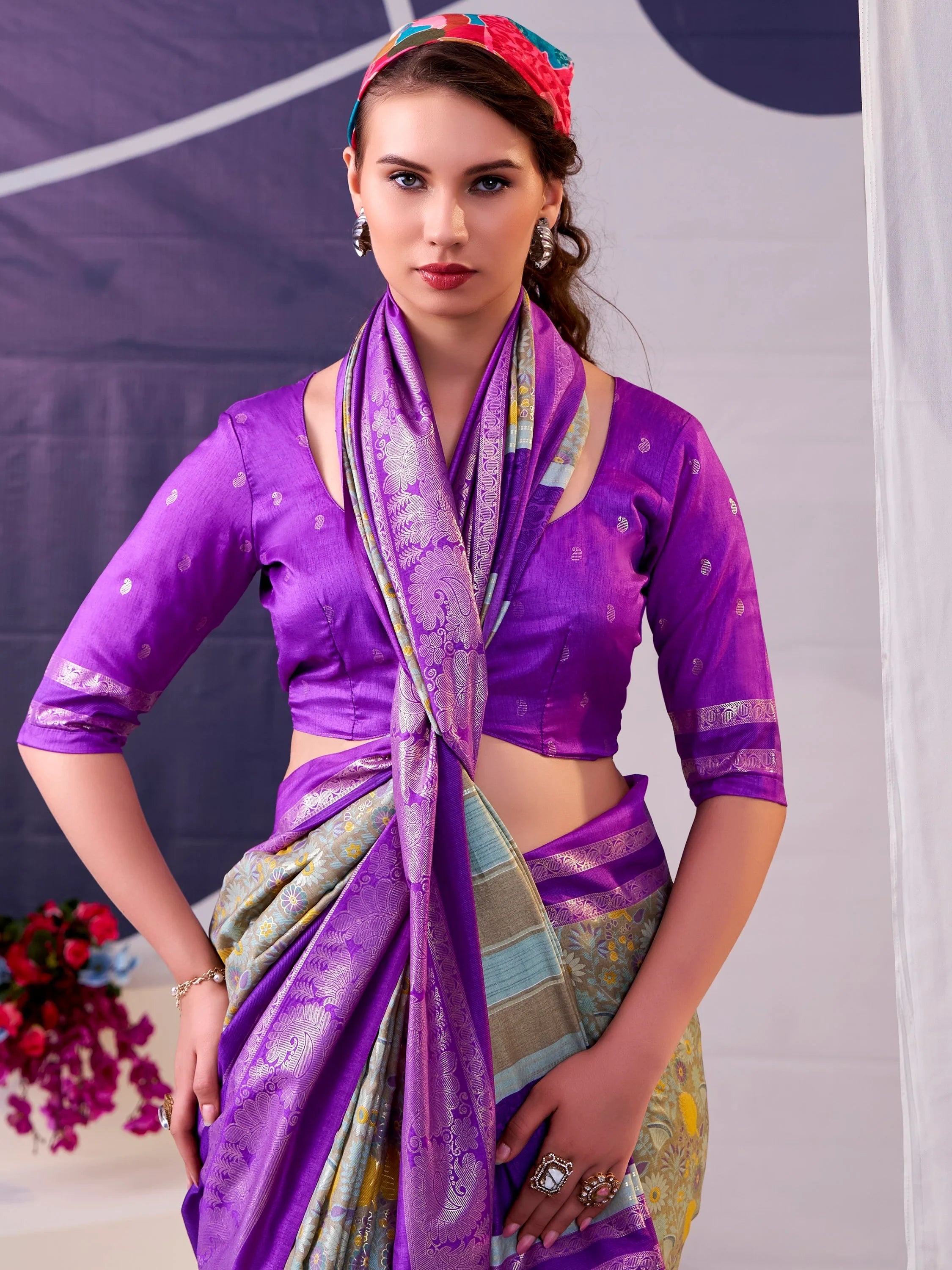 Purple Fabulous Foil Work Silk Mehendi Wear Saree With Blouse