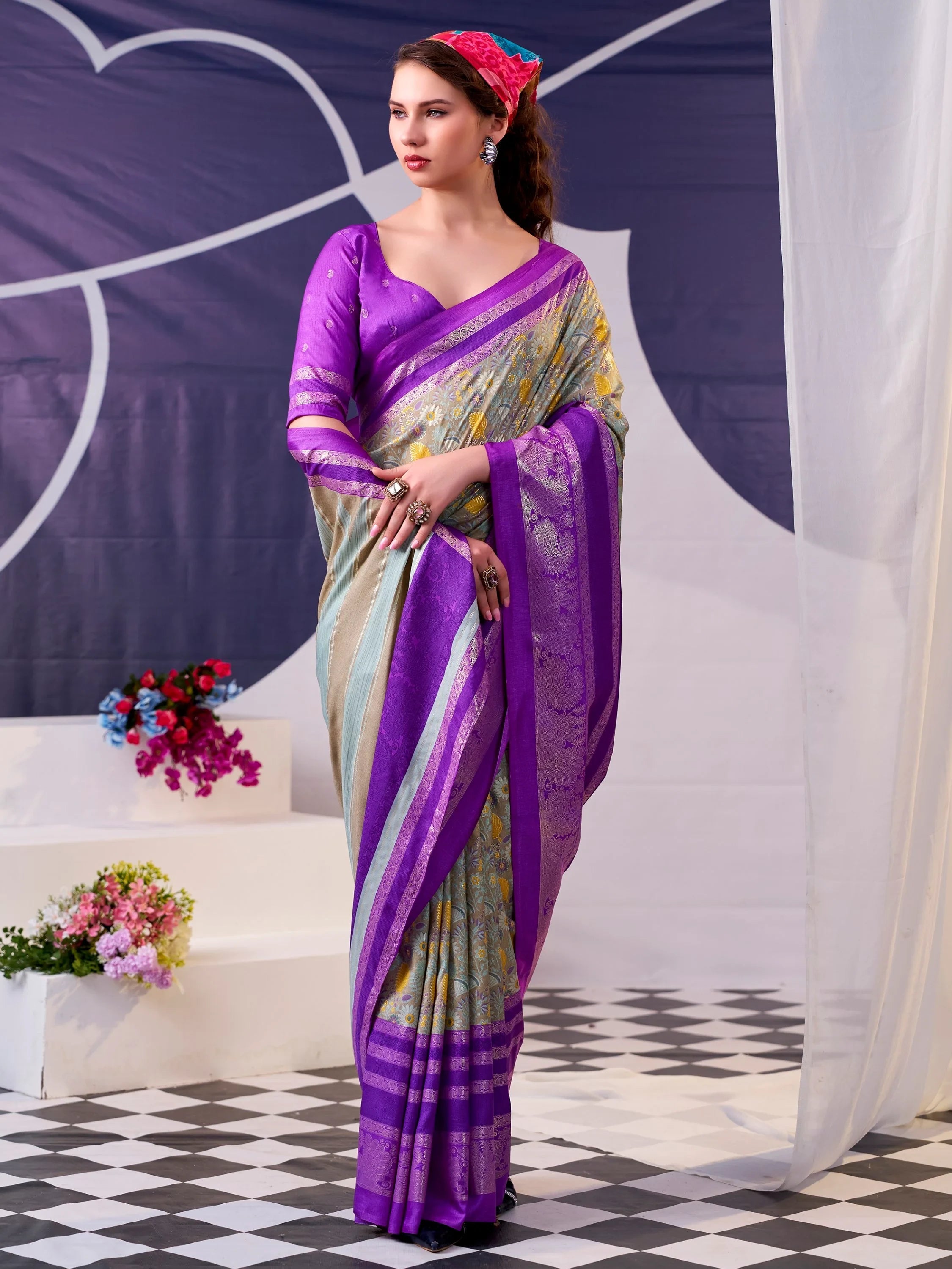 Purple Fabulous Foil Work Silk Mehendi Wear Saree With Blouse