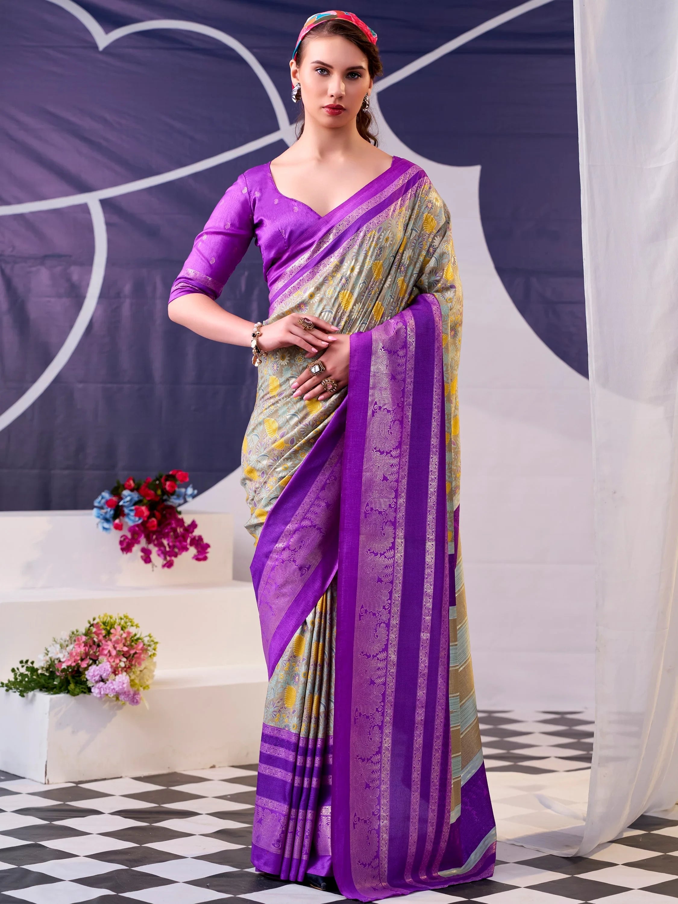 Purple Fabulous Foil Work Silk Mehendi Wear Saree With Blouse