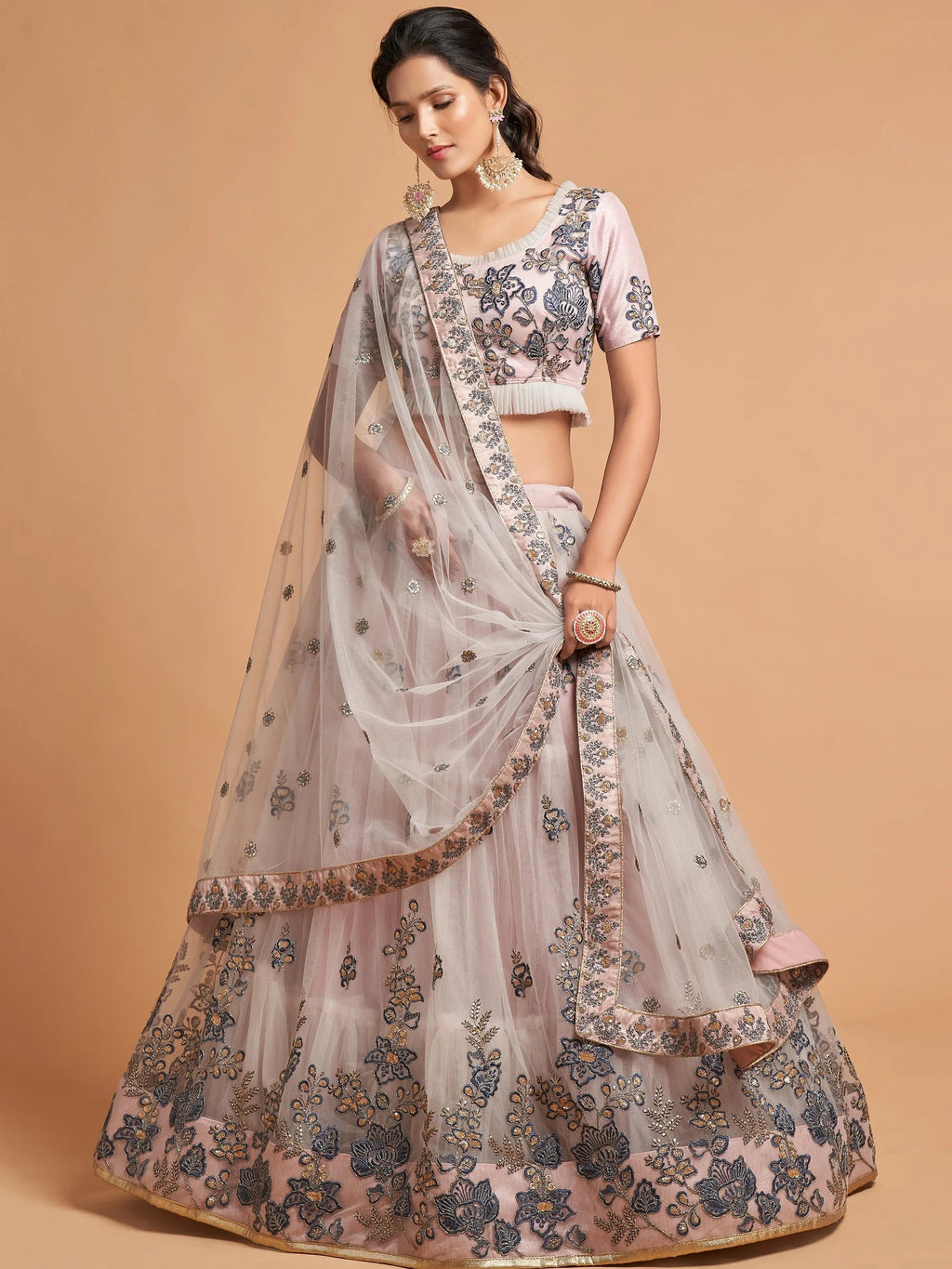 Charming Grey Embroidered Net Reception Wear Plus Size Lehenga Choli