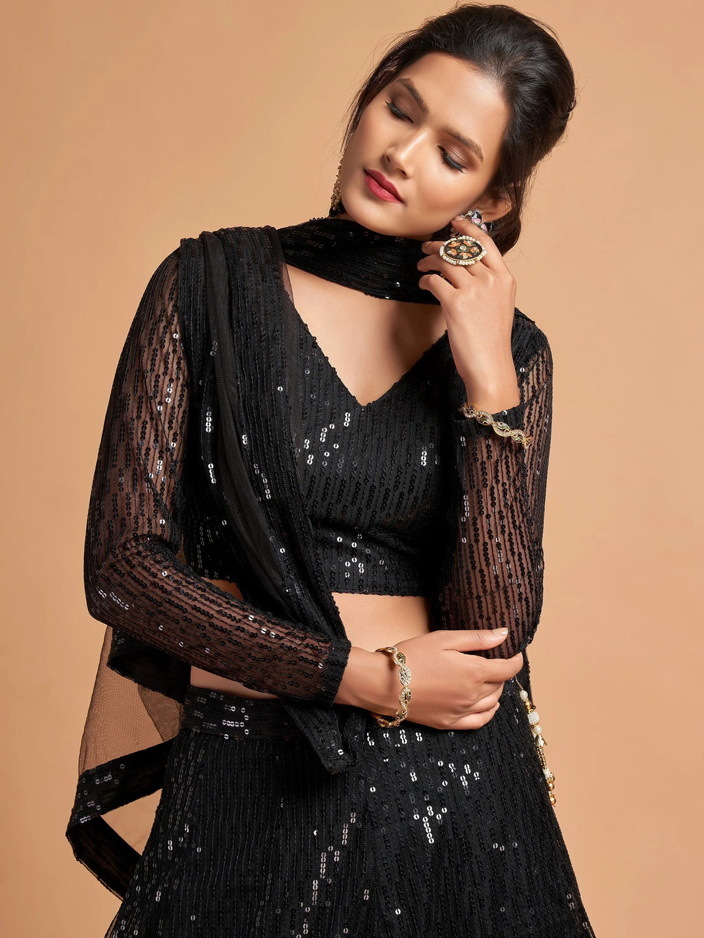 Dazzling Black Sequins Net Party Wear Plus Size Lehenga Choli