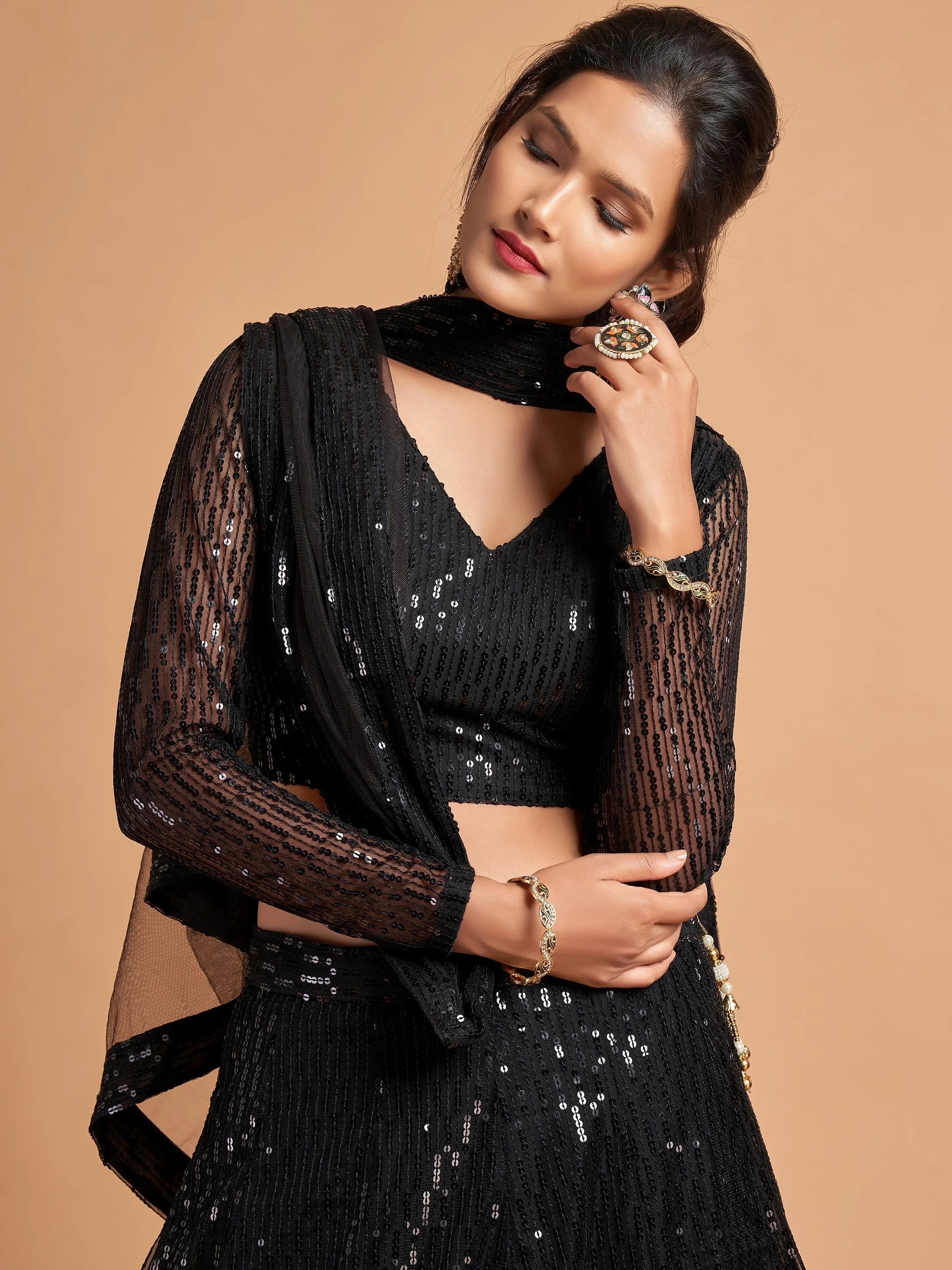 Dazzling Black Sequins Net Party Wear Plus Size Lehenga Choli